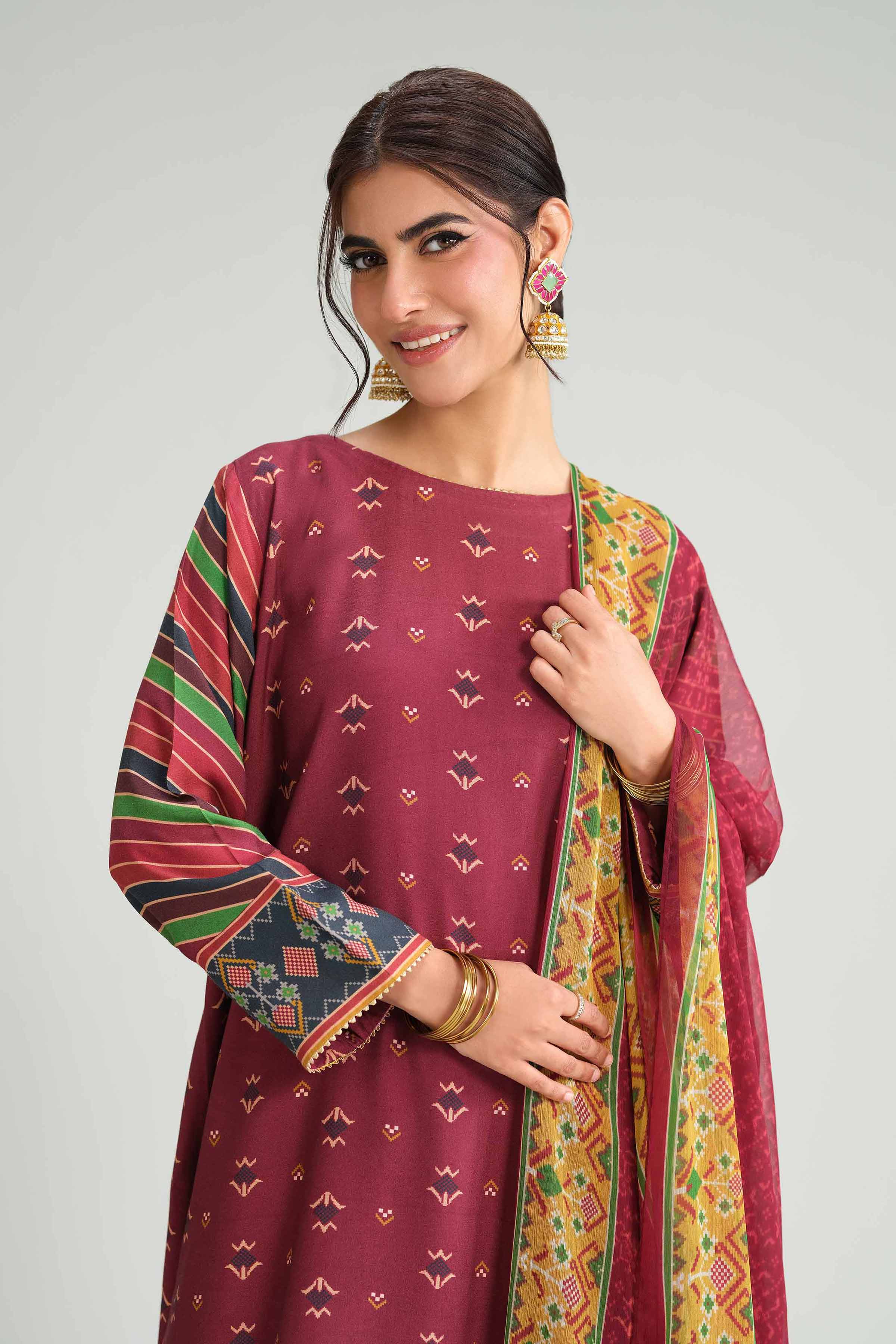 3 Piece - Printed Suit - KFW25-96 READY TO WEAR - LUXURY Red Silk 3PC Printed