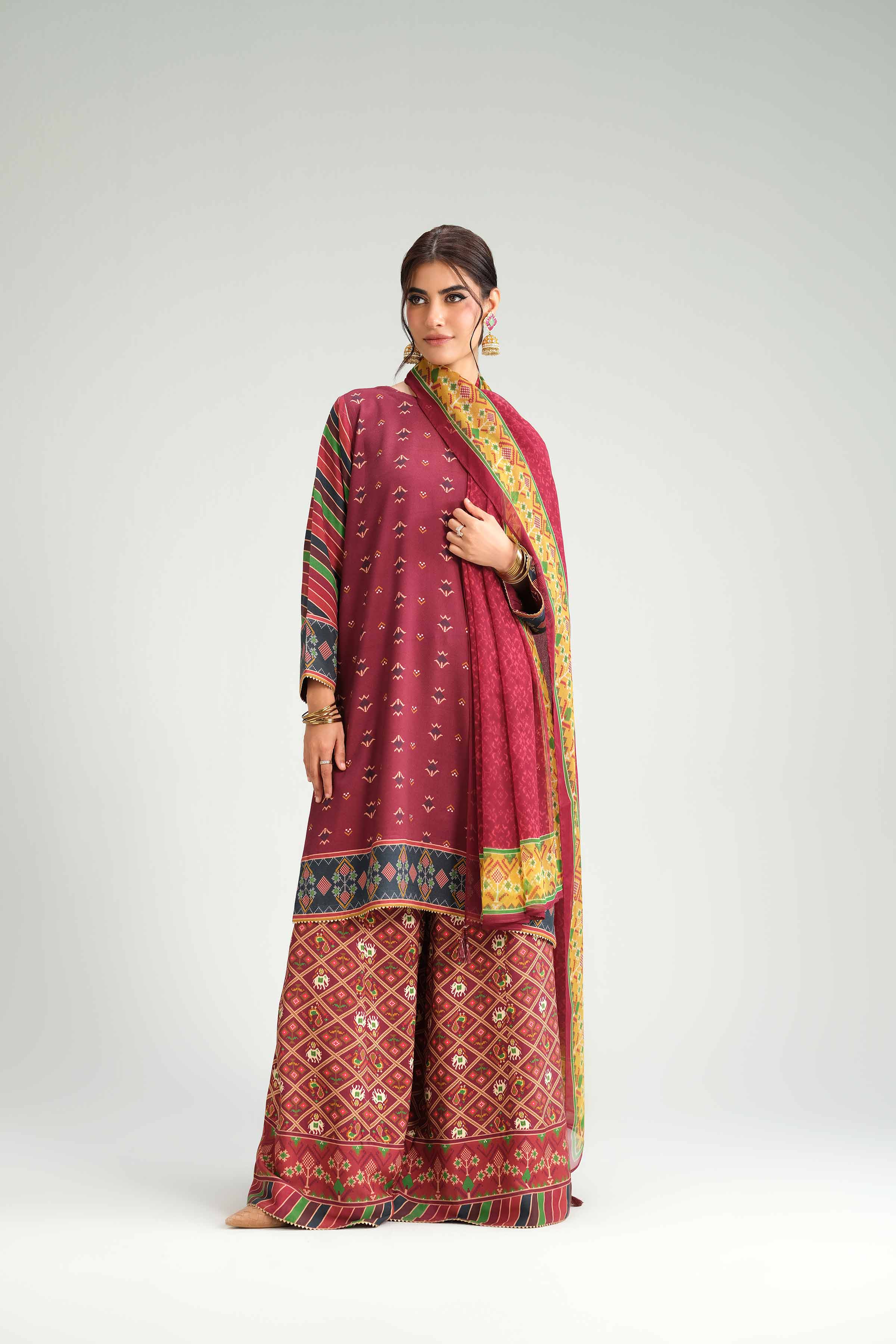3 Piece - Printed Suit - KFW25-96 READY TO WEAR - LUXURY Red Silk 3PC Printed