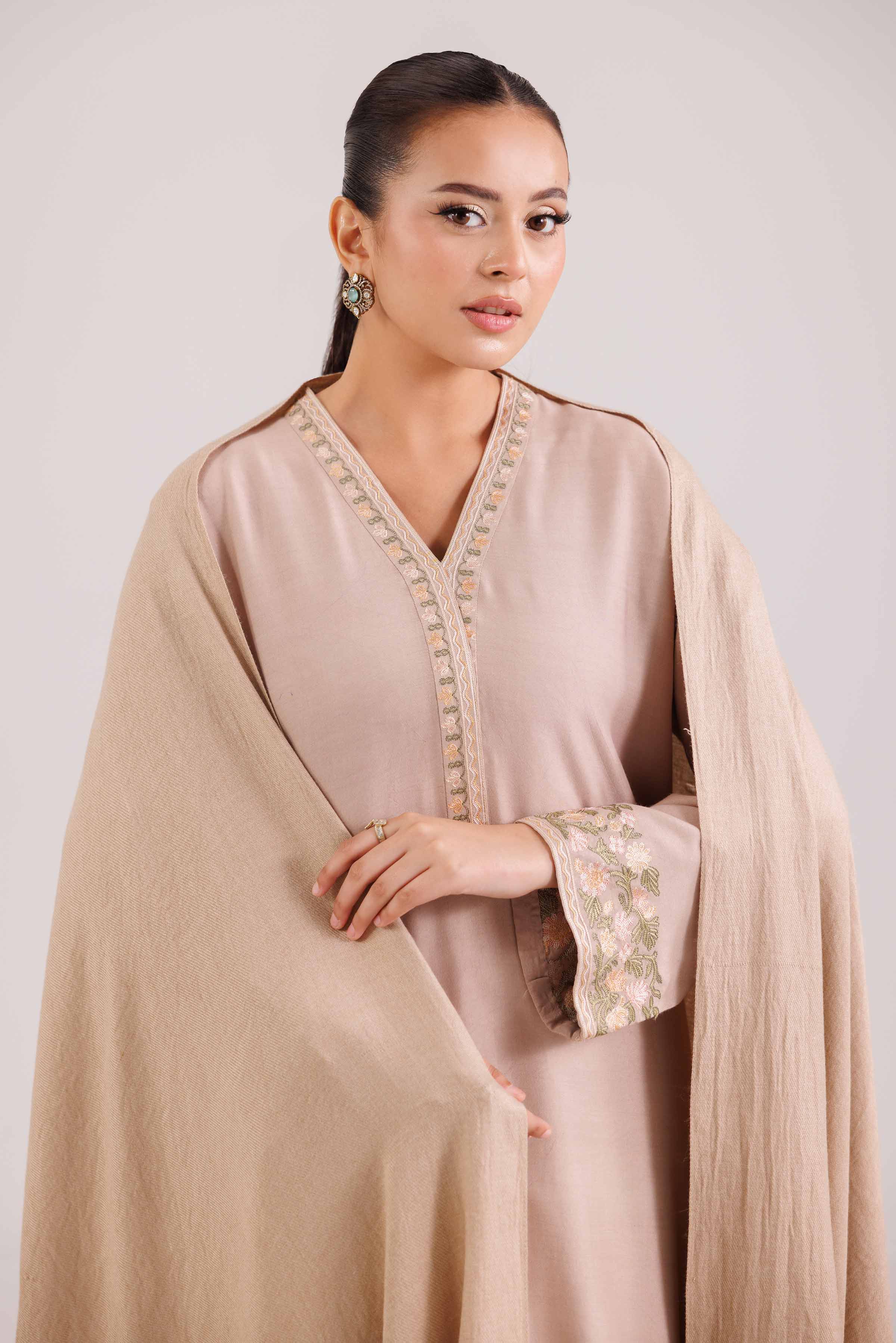3 Piece - Embroidered Suit - KFW25-97 READY TO WEAR - LUXURY Brown Silk 3PC Embroidered