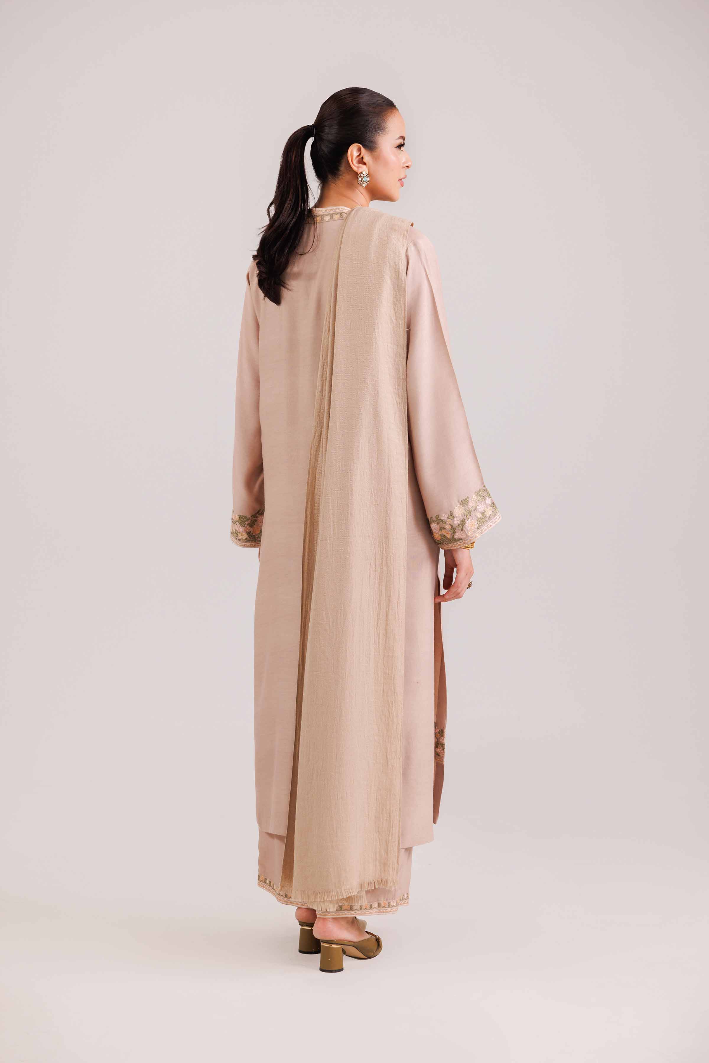 3 Piece - Embroidered Suit - KFW25-97 READY TO WEAR - LUXURY Brown Silk 3PC Embroidered