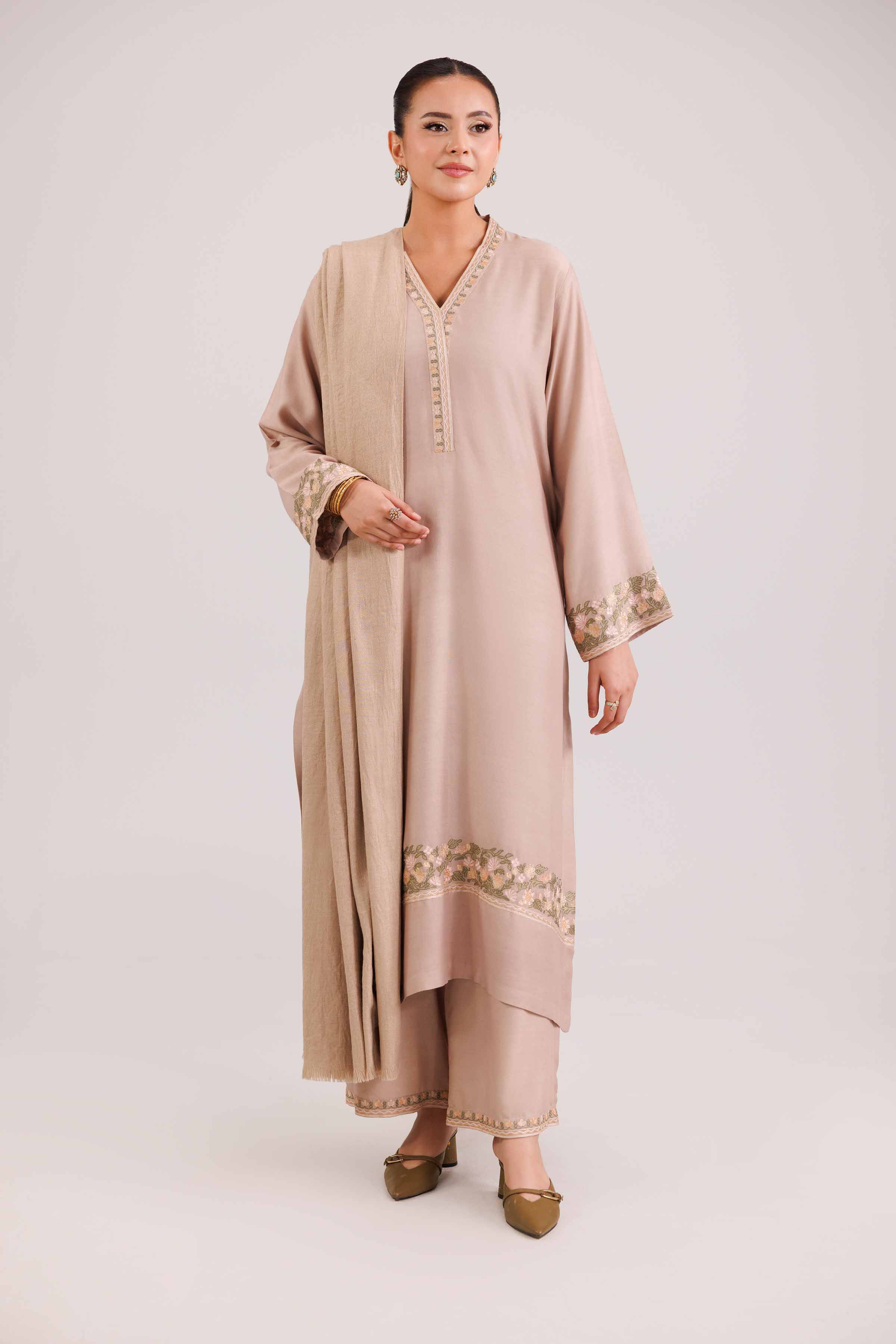 3 Piece - Embroidered Suit - KFW25-97 READY TO WEAR - LUXURY Brown Silk 3PC Embroidered