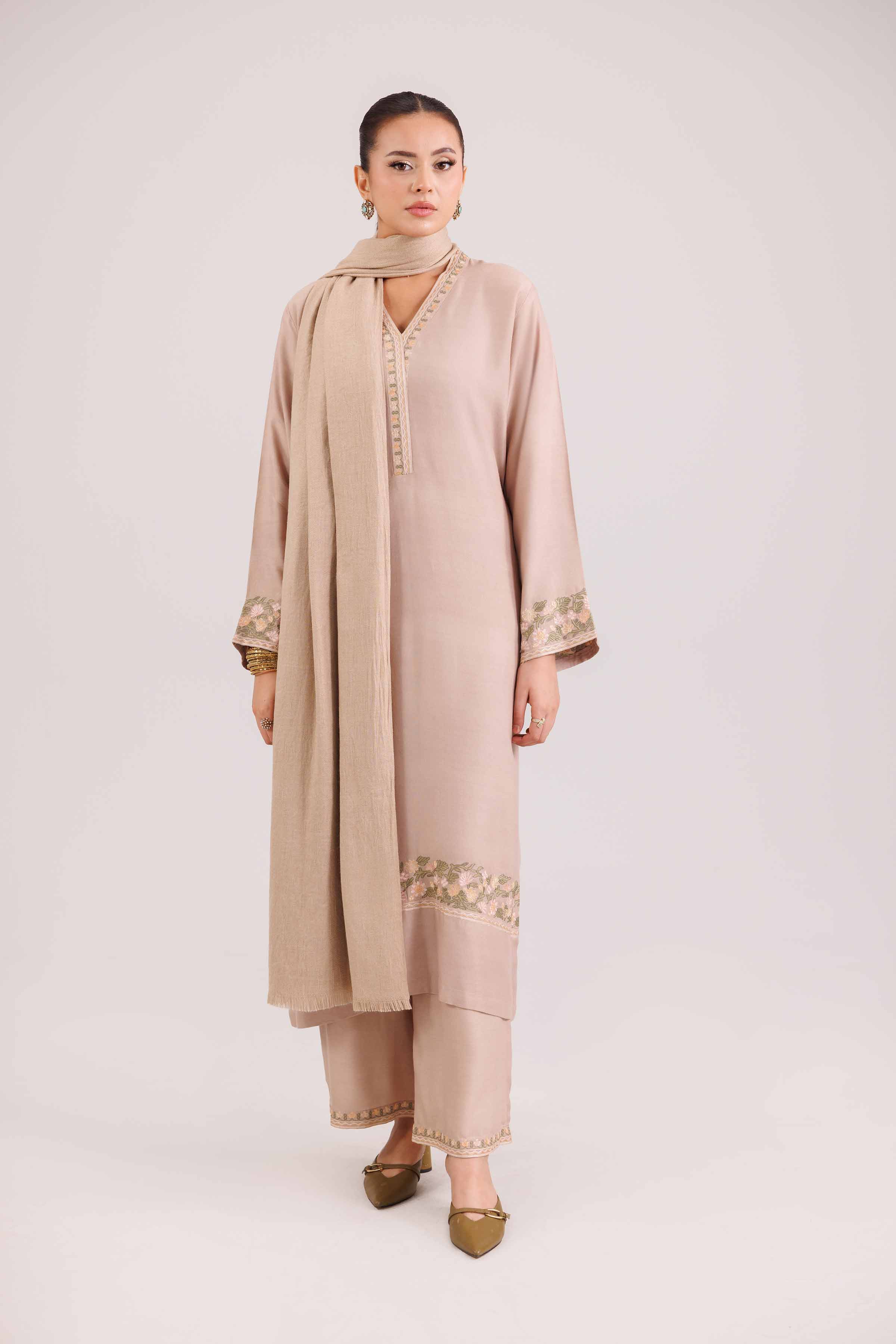 3 Piece - Embroidered Suit - KFW25-97 READY TO WEAR - LUXURY Brown Silk 3PC Embroidered