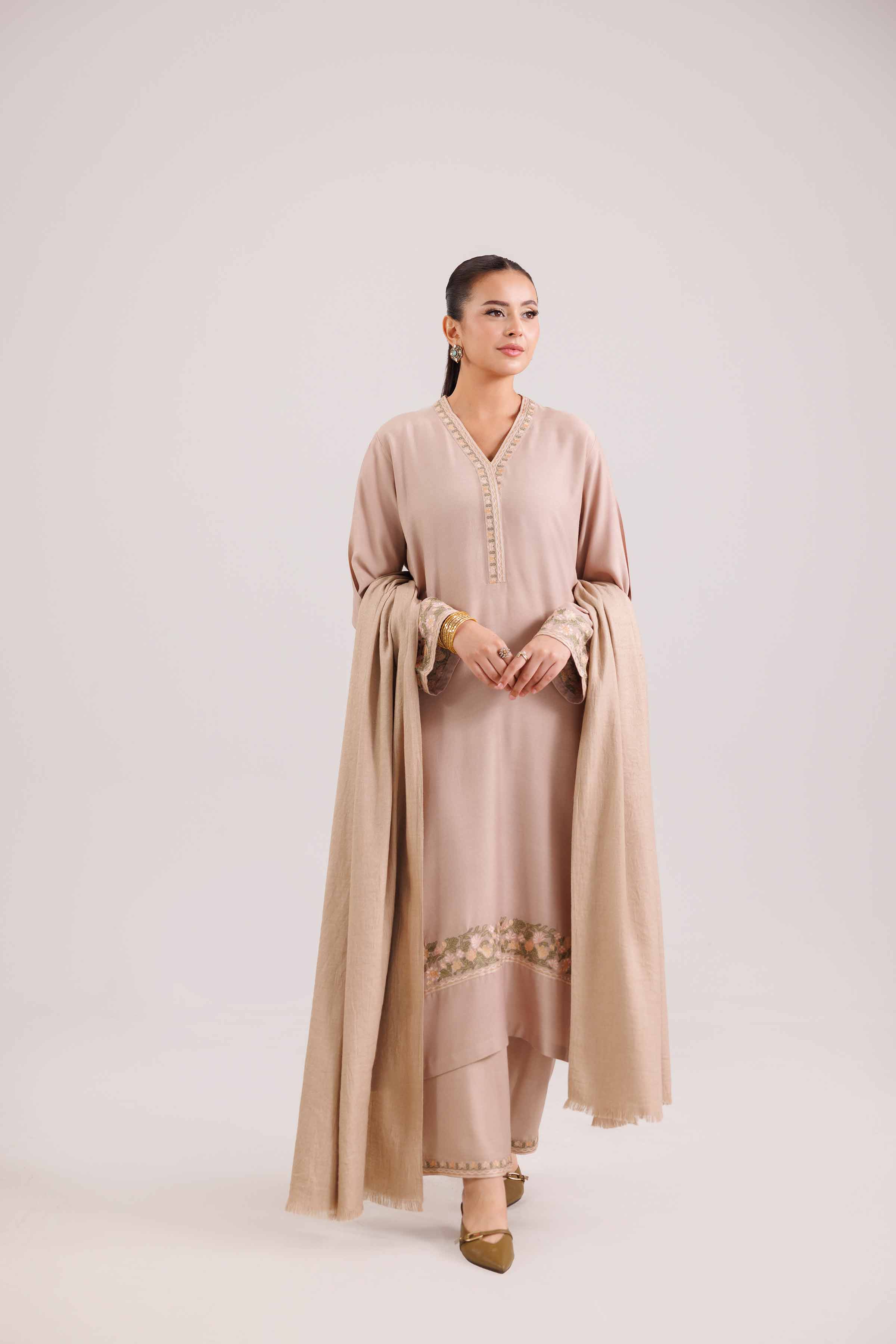 3 Piece - Embroidered Suit - KFW25-97 READY TO WEAR - LUXURY Brown Silk 3PC Embroidered