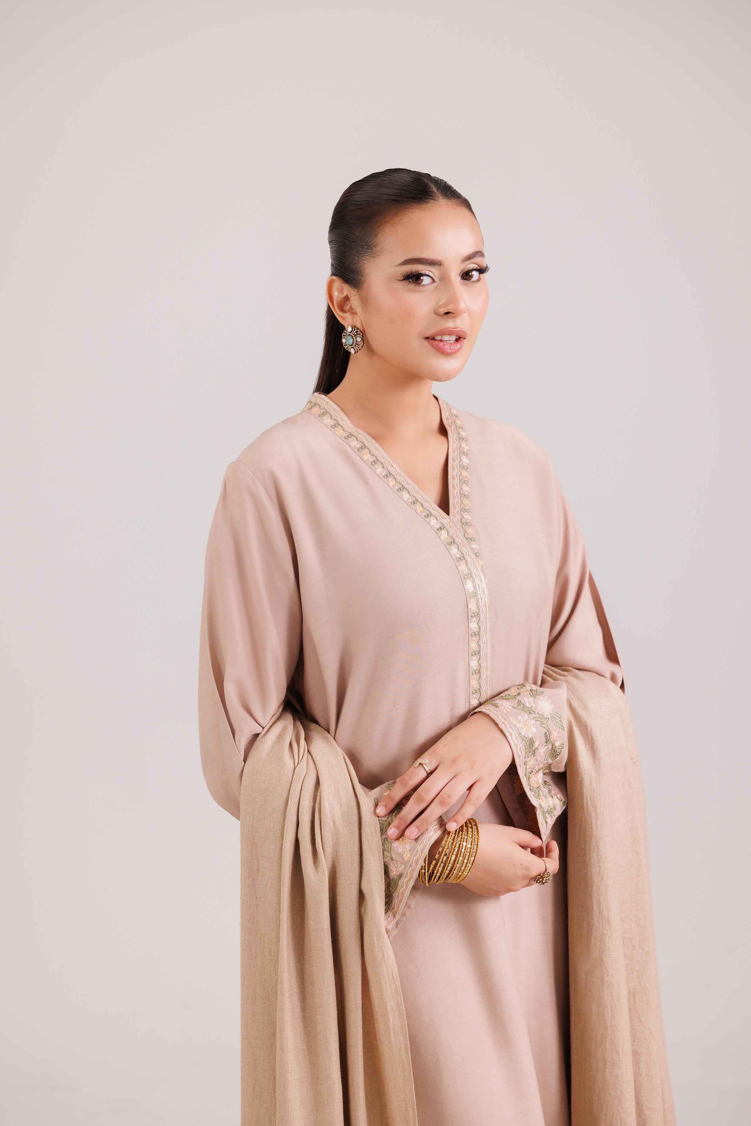 3 Piece - Embroidered Suit - KFW25-97 READY TO WEAR - LUXURY Brown Silk 3PC Embroidered