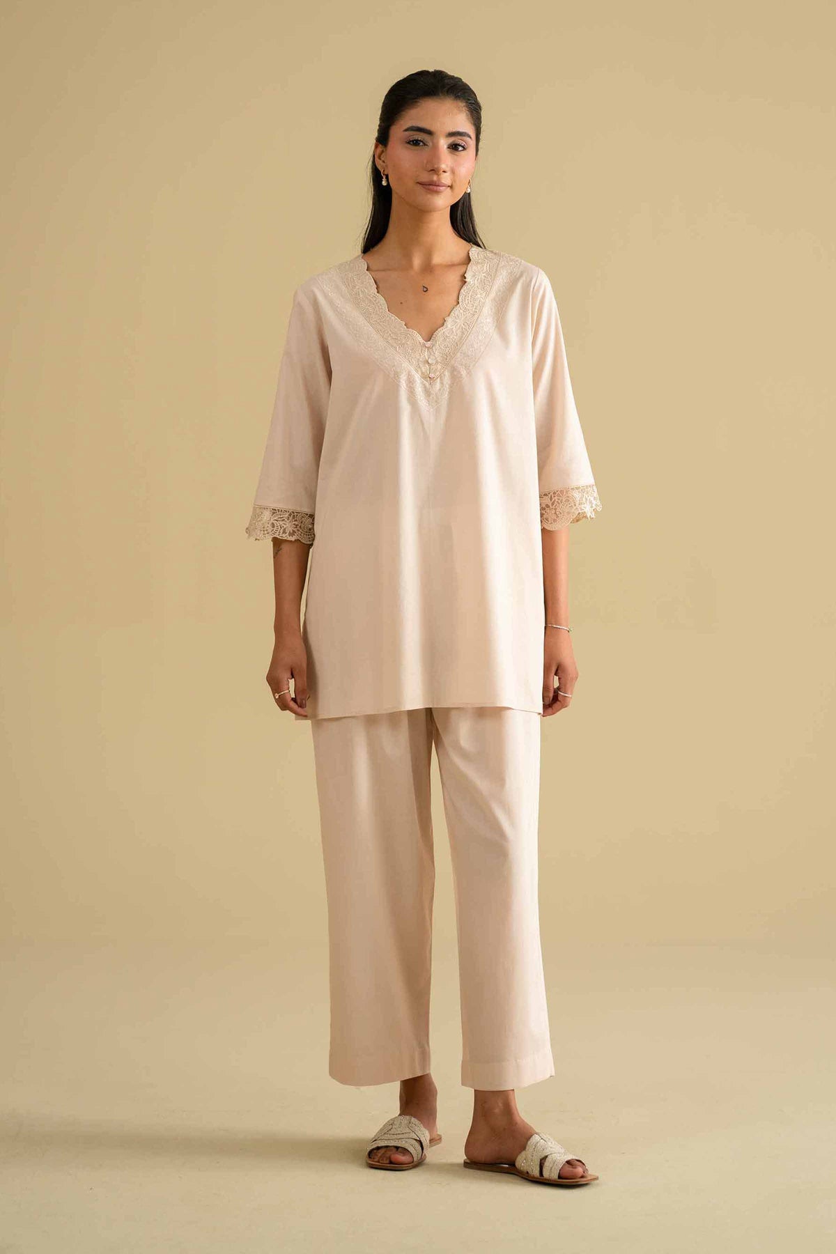 2 Piece - Embroidered Loungewear - KLS26-07Beige Cambric 2PC Embroidered Nishat Australia