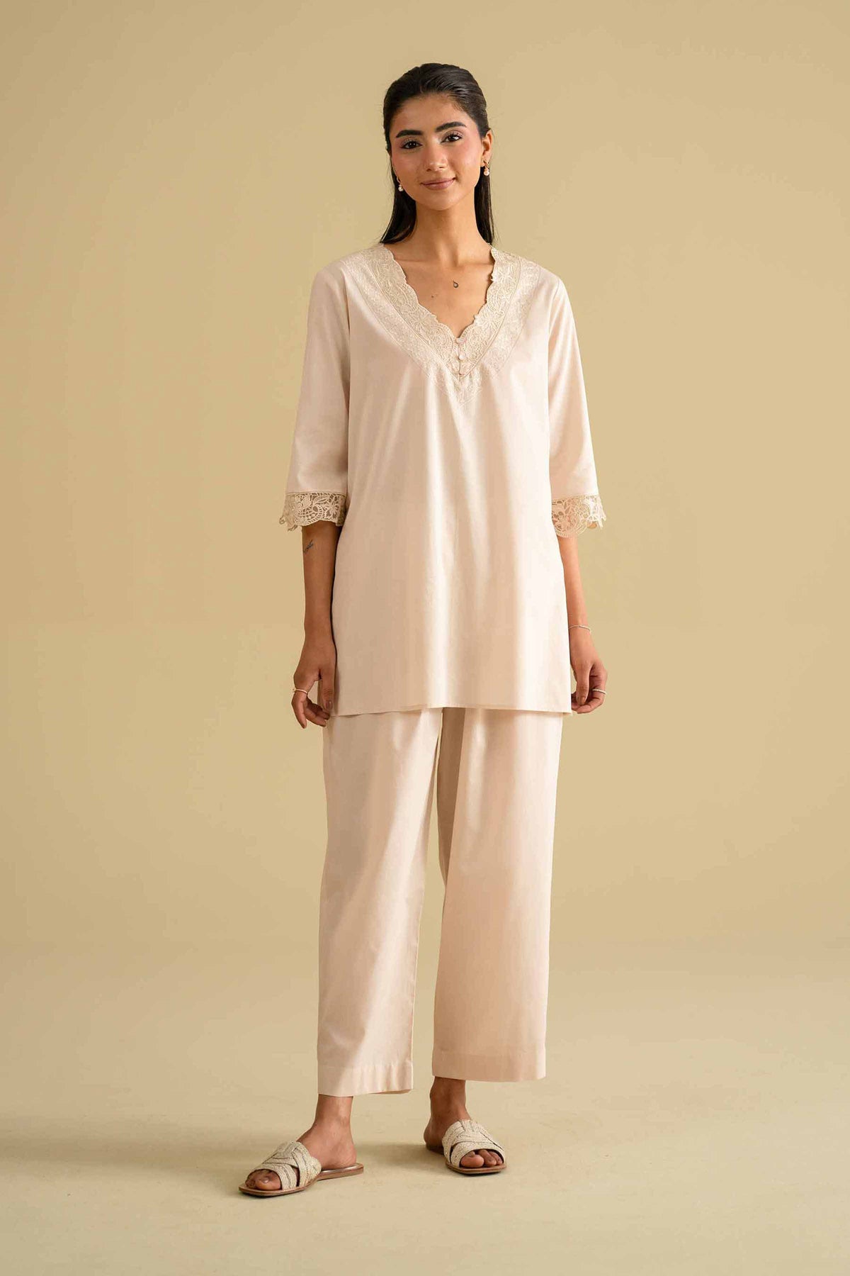 2 Piece - Embroidered Loungewear - KLS26-07Beige Cambric 2PC Embroidered Nishat Australia