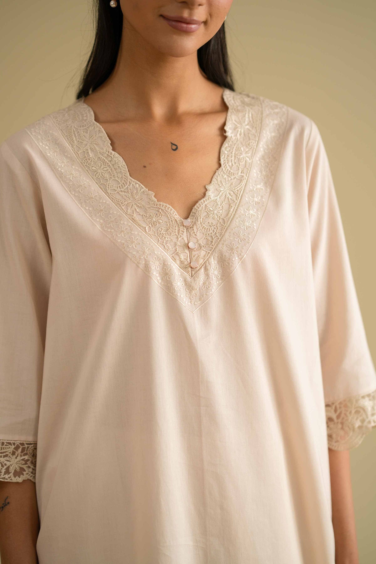 2 Piece - Embroidered Loungewear - KLS26-07Beige Cambric 2PC Embroidered Nishat Australia