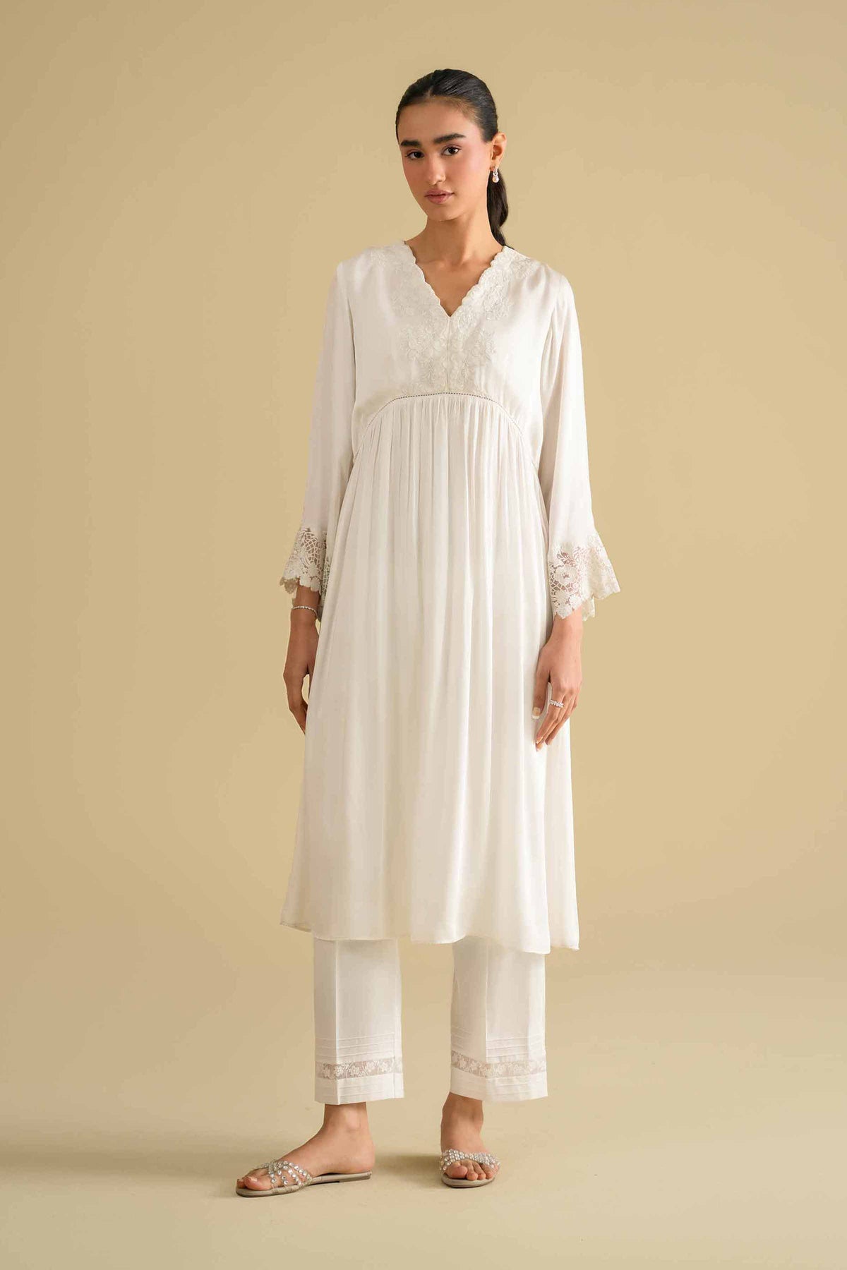 Embroidered Loungewear Gown - KLS26-11White Silk 1PC Embroidered Nishat Australia