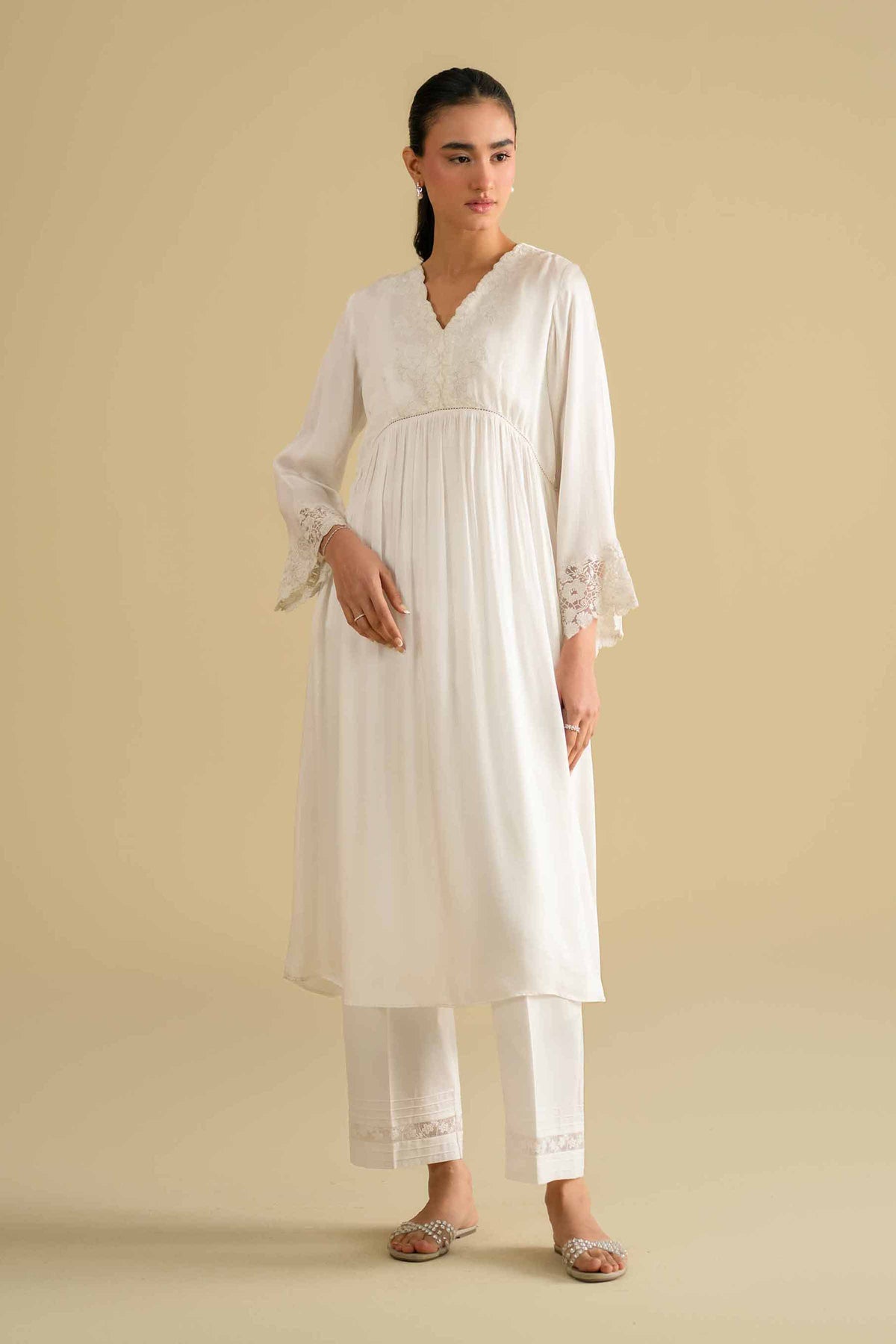 Embroidered Loungewear Gown - KLS26-11White Silk 1PC Embroidered Nishat Australia