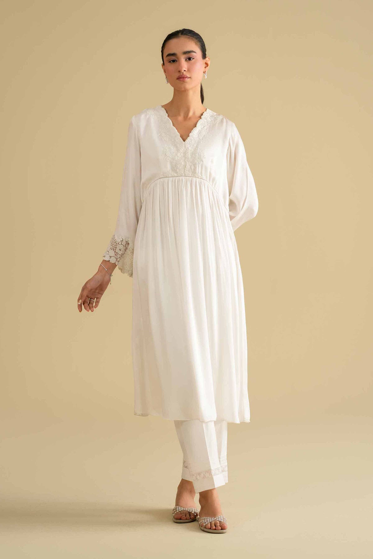 Embroidered Loungewear Gown - KLS26-11White Silk 1PC Embroidered Nishat Australia