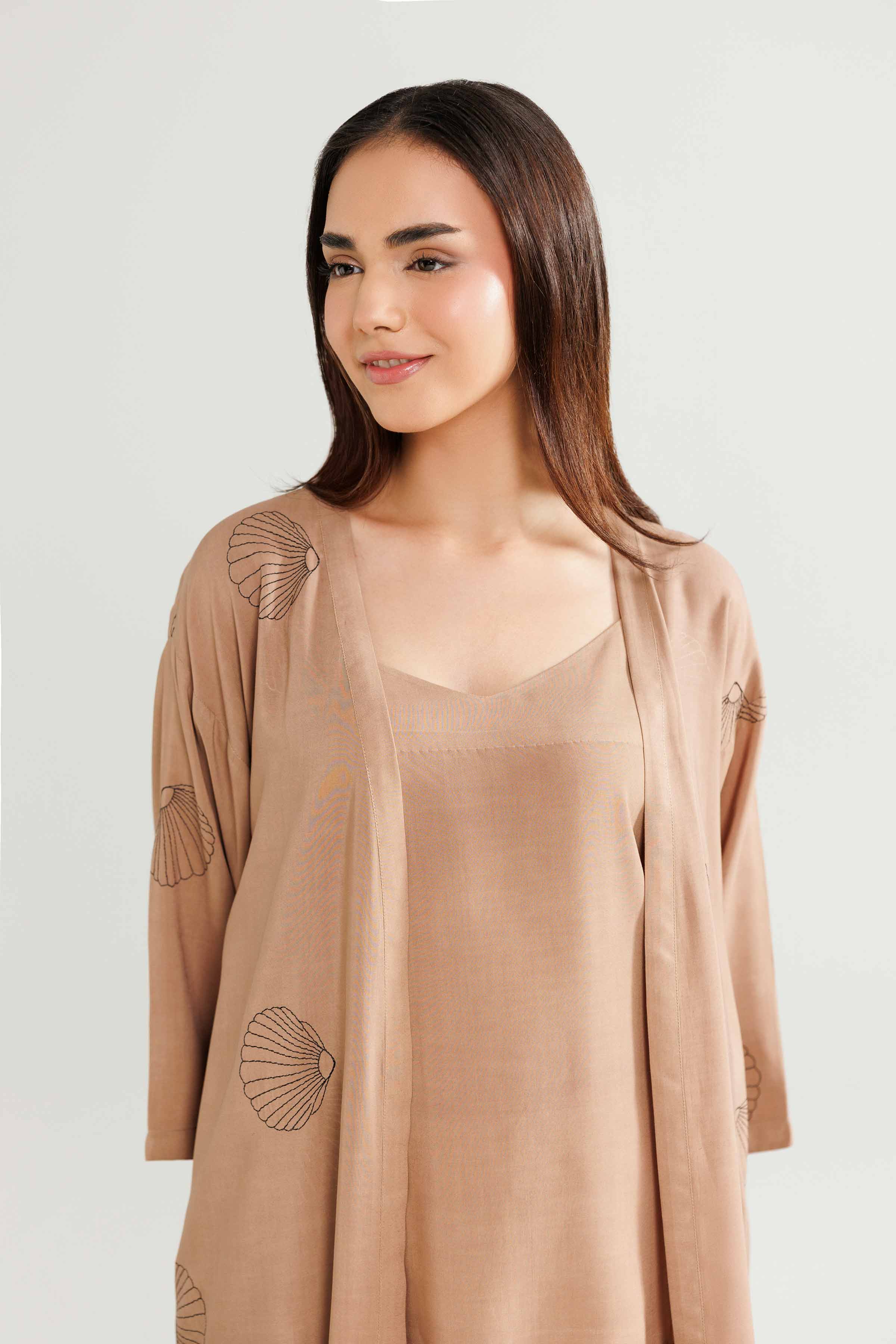 3 Piece - Embroidered Loungewear - KLW25-04 READY TO WEAR - LUXURY Brown Linen 3PC Embroidered