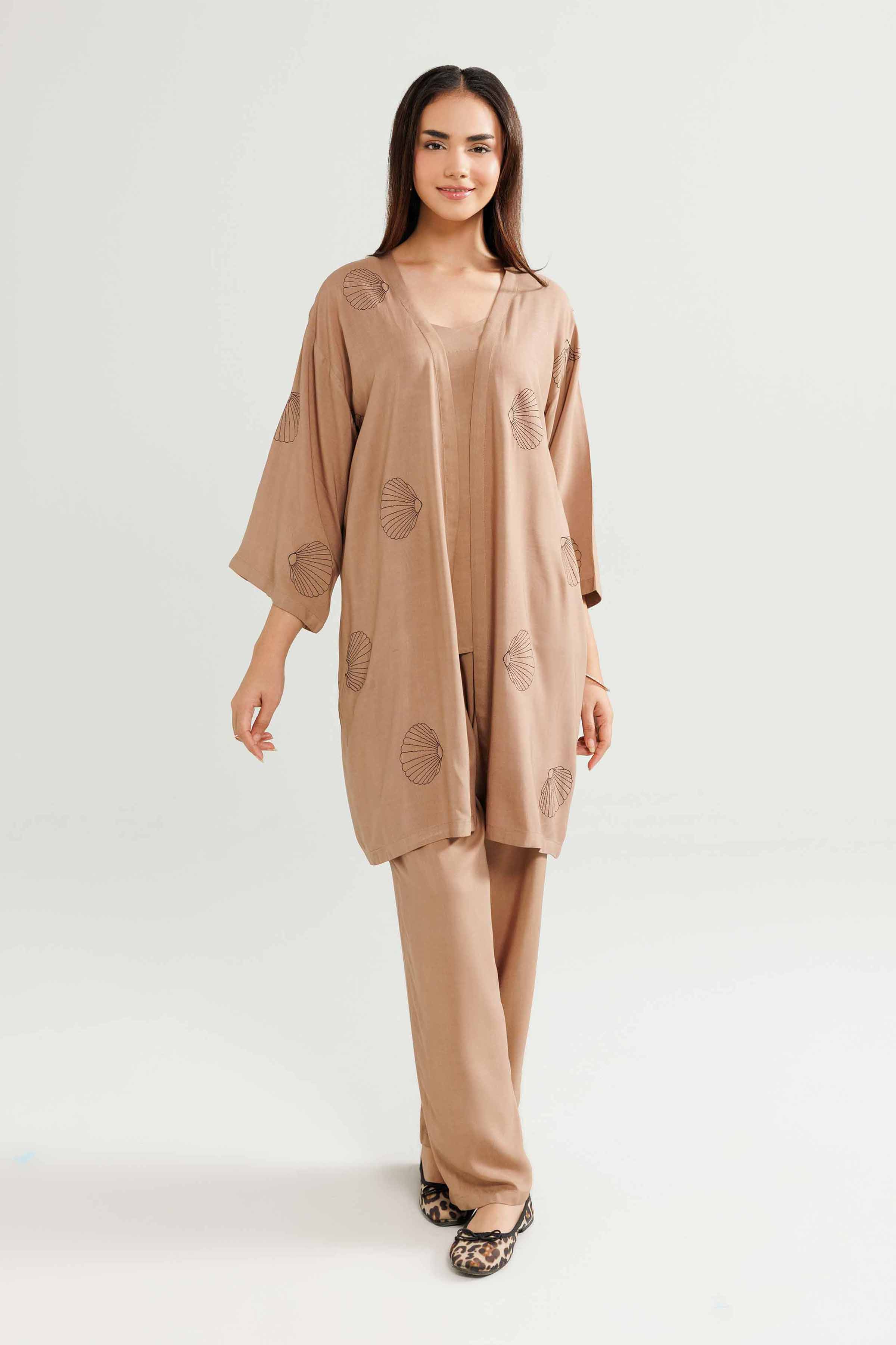 3 Piece - Embroidered Loungewear - KLW25-04 READY TO WEAR - LUXURY Brown Linen 3PC Embroidered