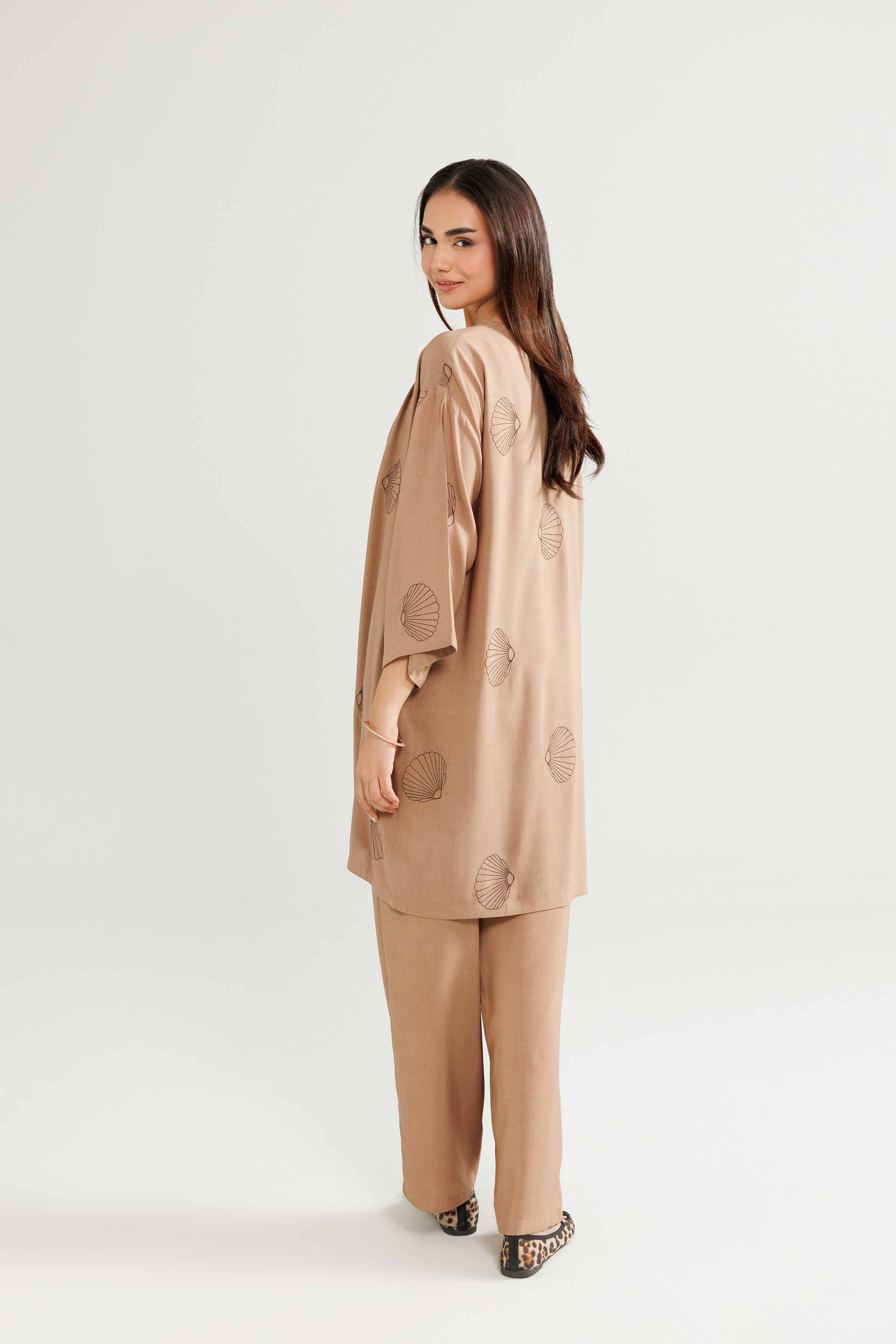 3 Piece - Embroidered Loungewear - KLW25-04 READY TO WEAR - LUXURY Brown Linen 3PC Embroidered