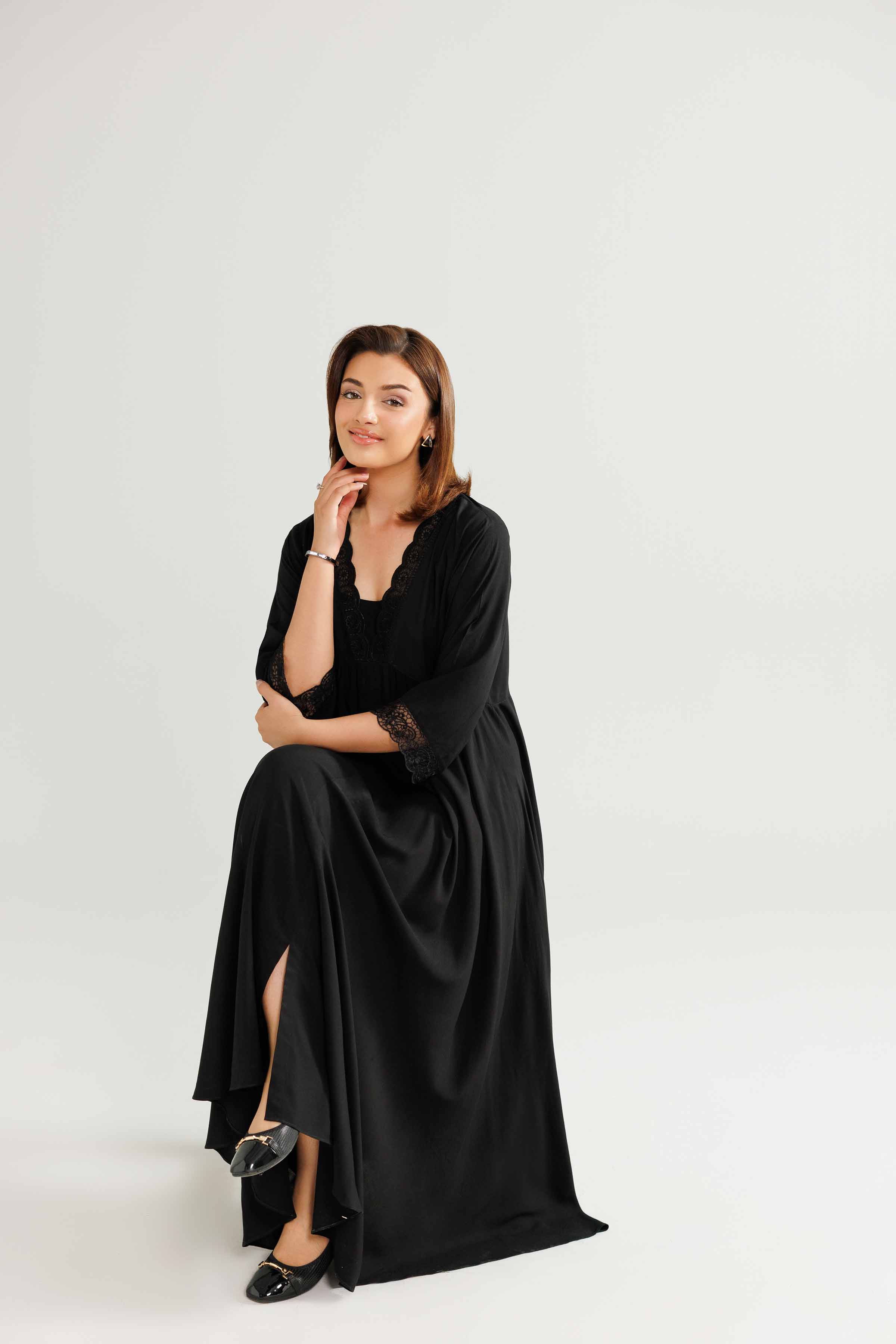 Embroidered Gown Loungewear - KLW25-05 READY TO WEAR - LUXURY Black Linen 1PC Embroidered