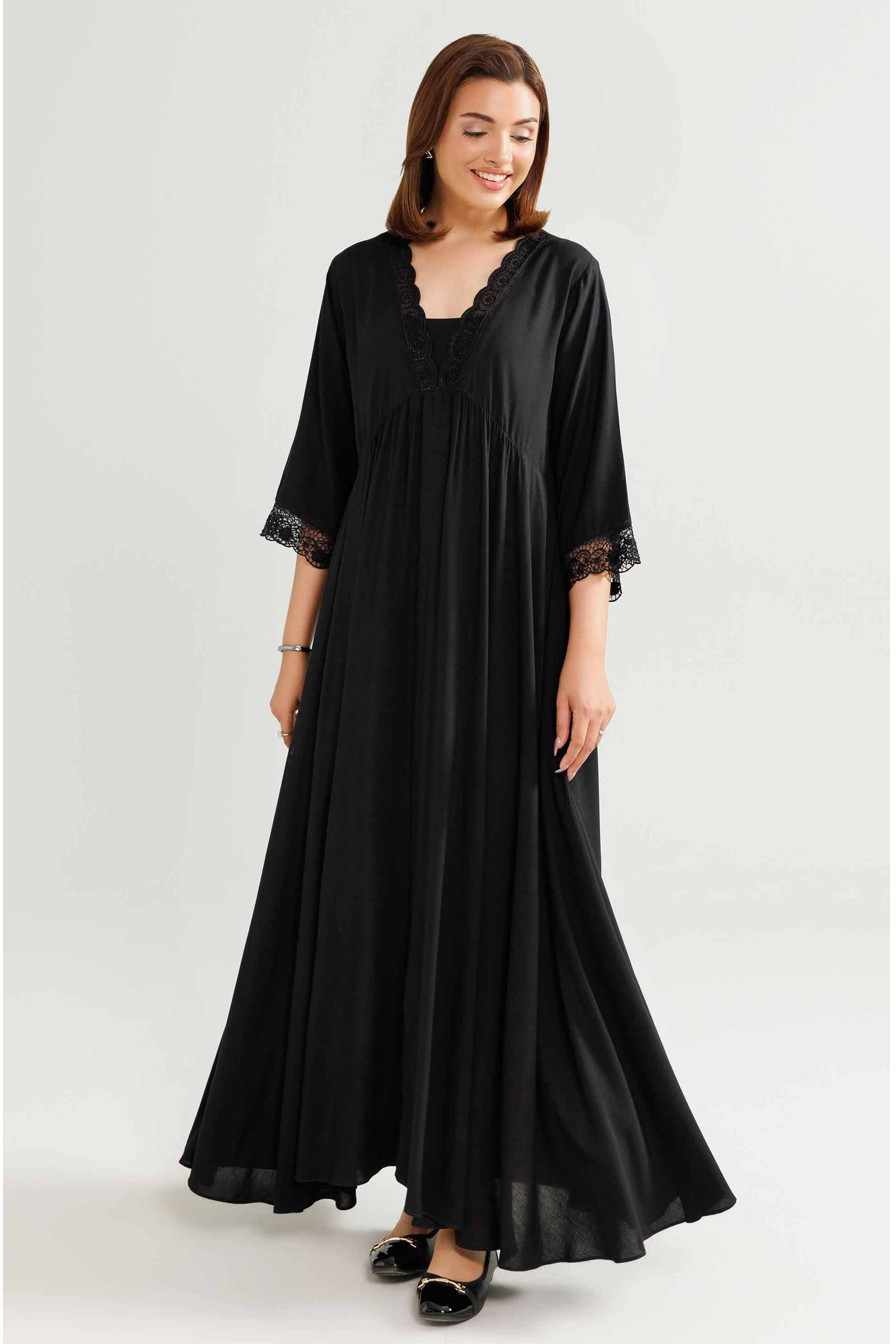 Embroidered Gown Loungewear - KLW25-05 READY TO WEAR - LUXURY Black Linen 1PC Embroidered