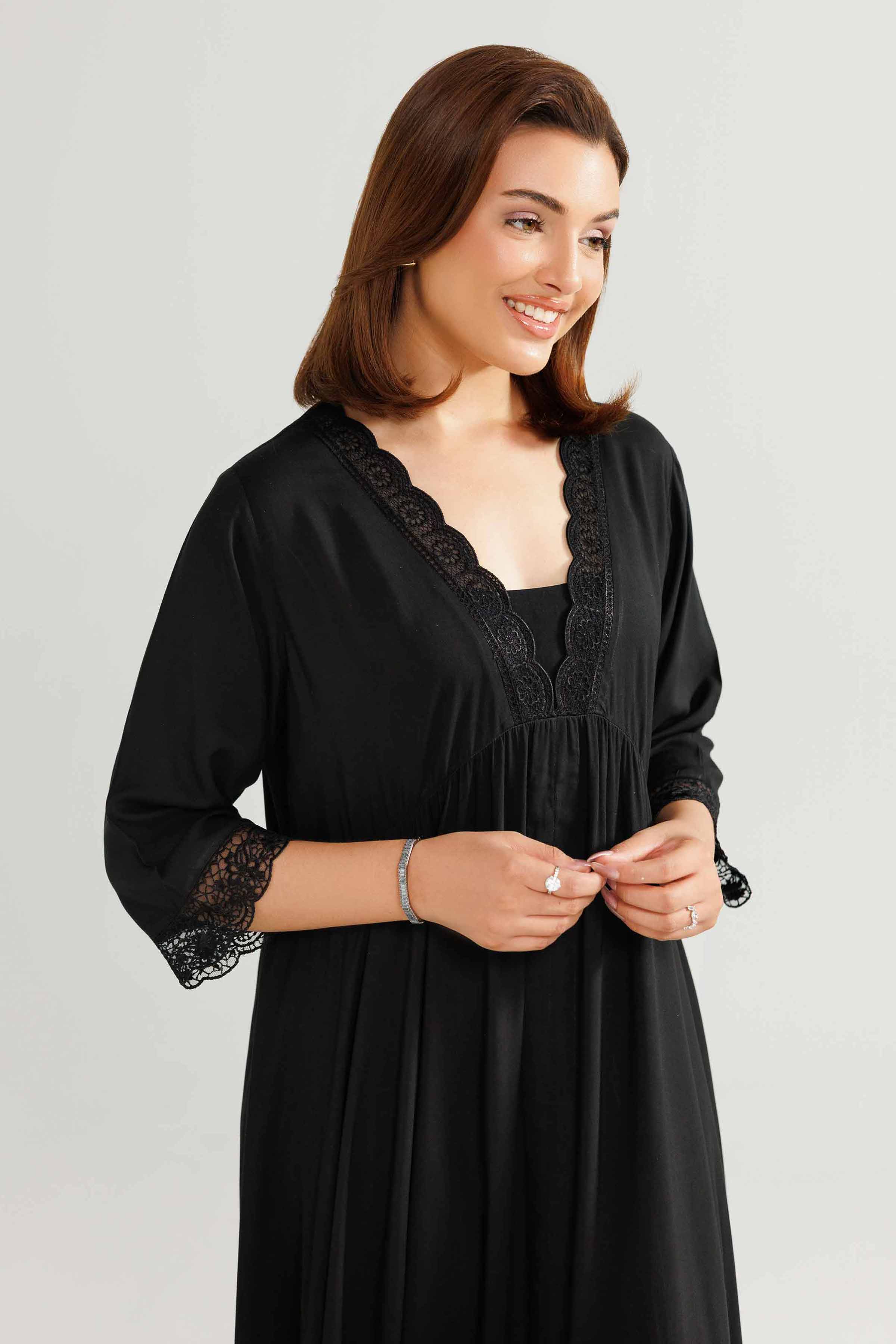 Embroidered Gown Loungewear - KLW25-05 READY TO WEAR - LUXURY Black Linen 1PC Embroidered