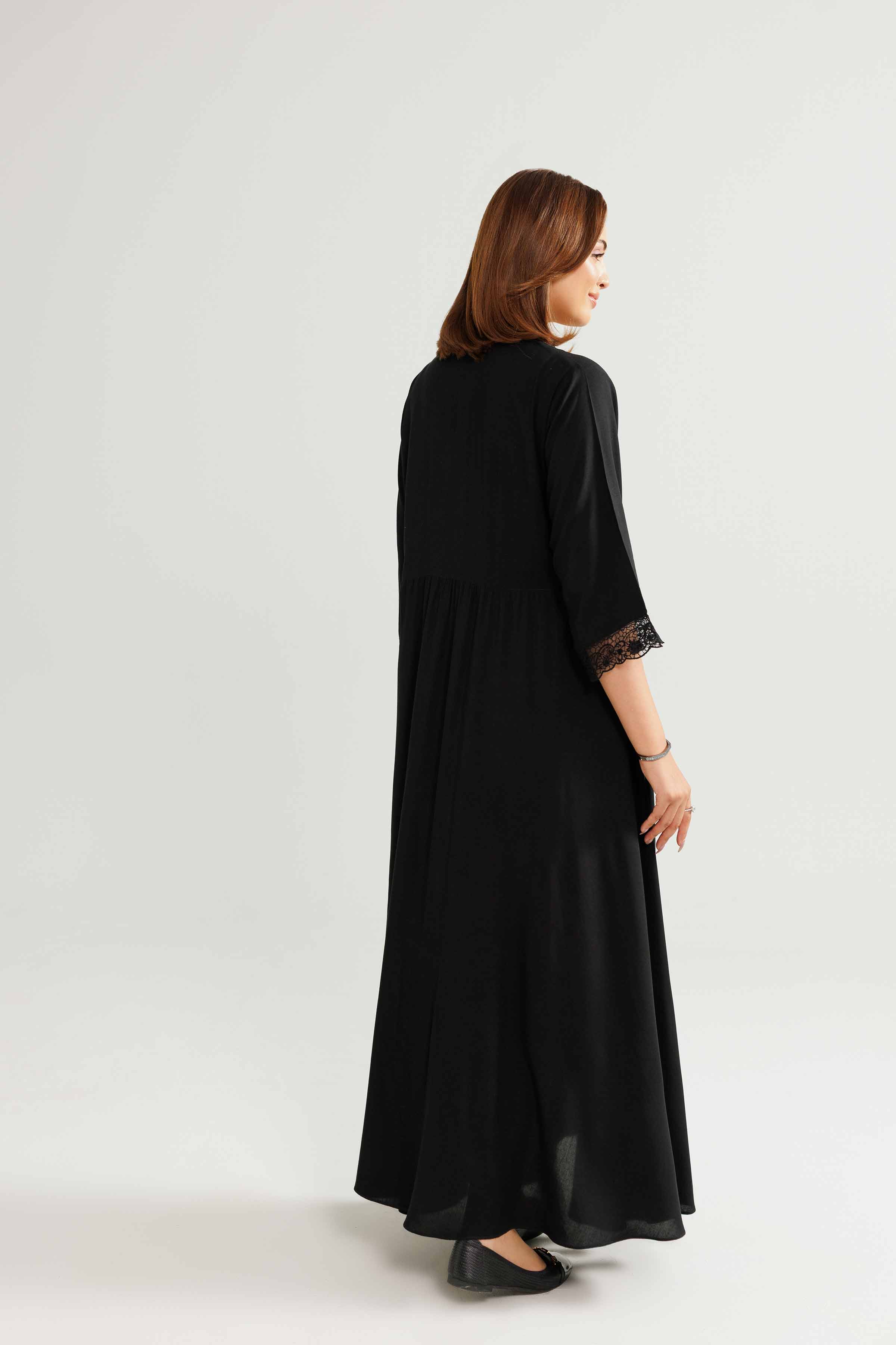Embroidered Gown Loungewear - KLW25-05 READY TO WEAR - LUXURY Black Linen 1PC Embroidered