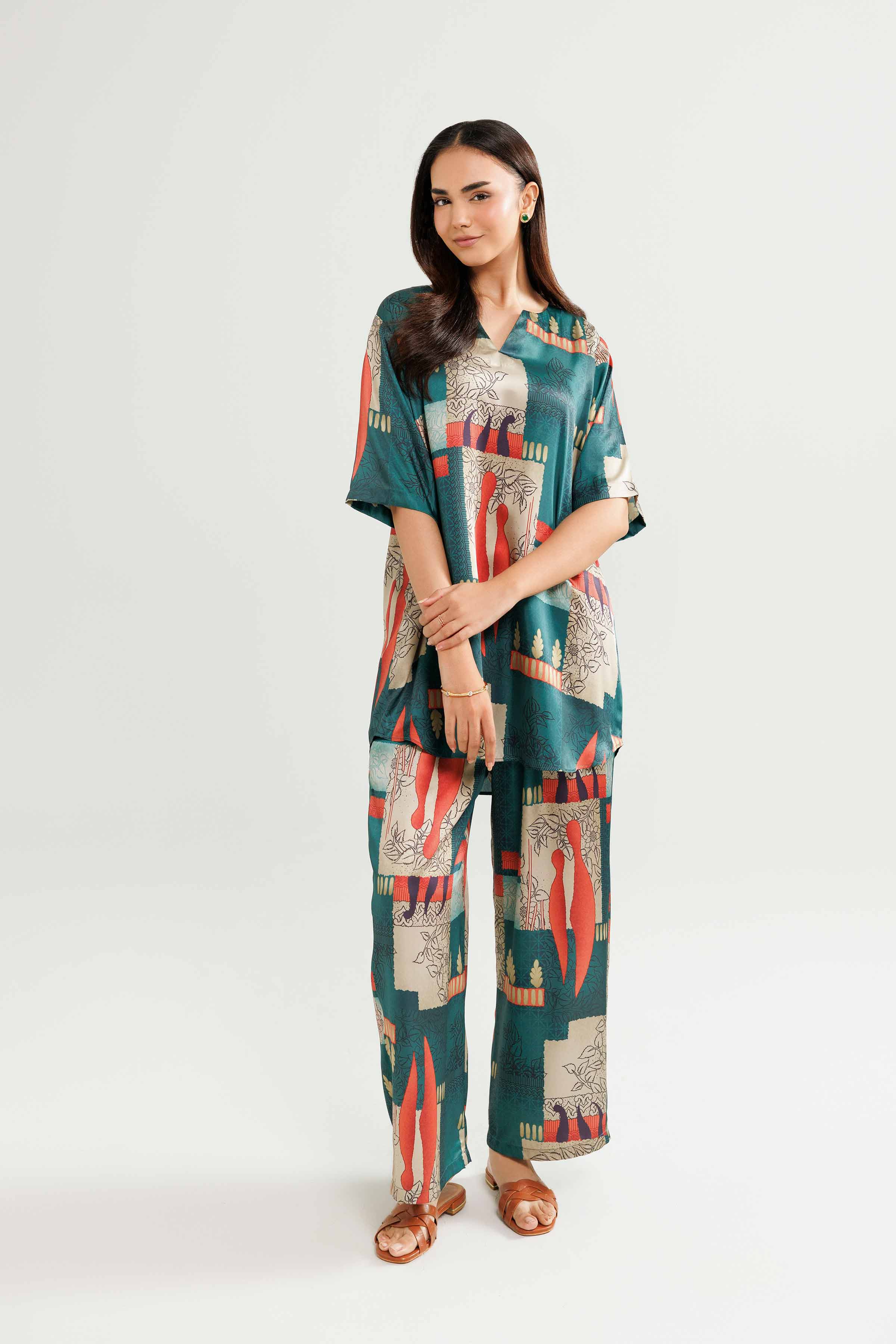 2 Piece - Printed Loungewear - KLW25-06 READY TO WEAR Green Silk 2PC Solids