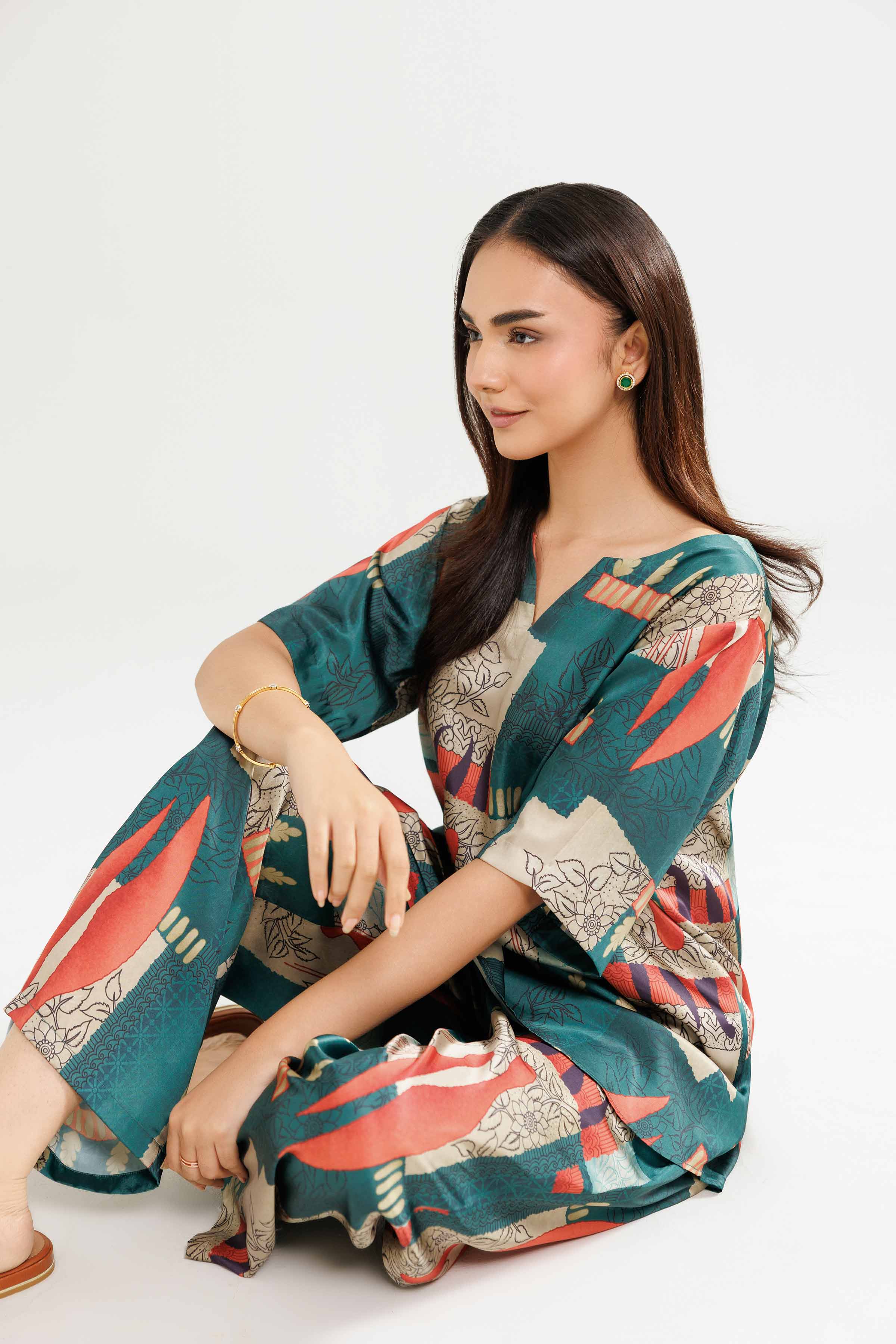 2 Piece - Printed Loungewear - KLW25-06 READY TO WEAR Green Silk 2PC Solids