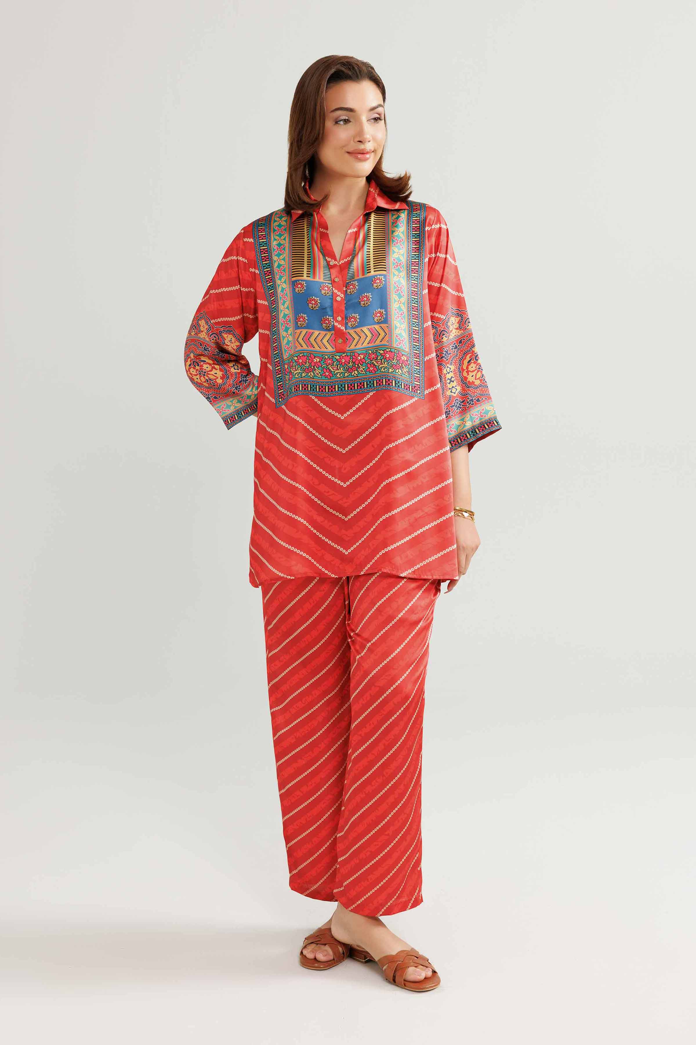 2 Piece - Printed Loungewear - KLW25-08 READY TO WEAR Red Silk 2PC Printed