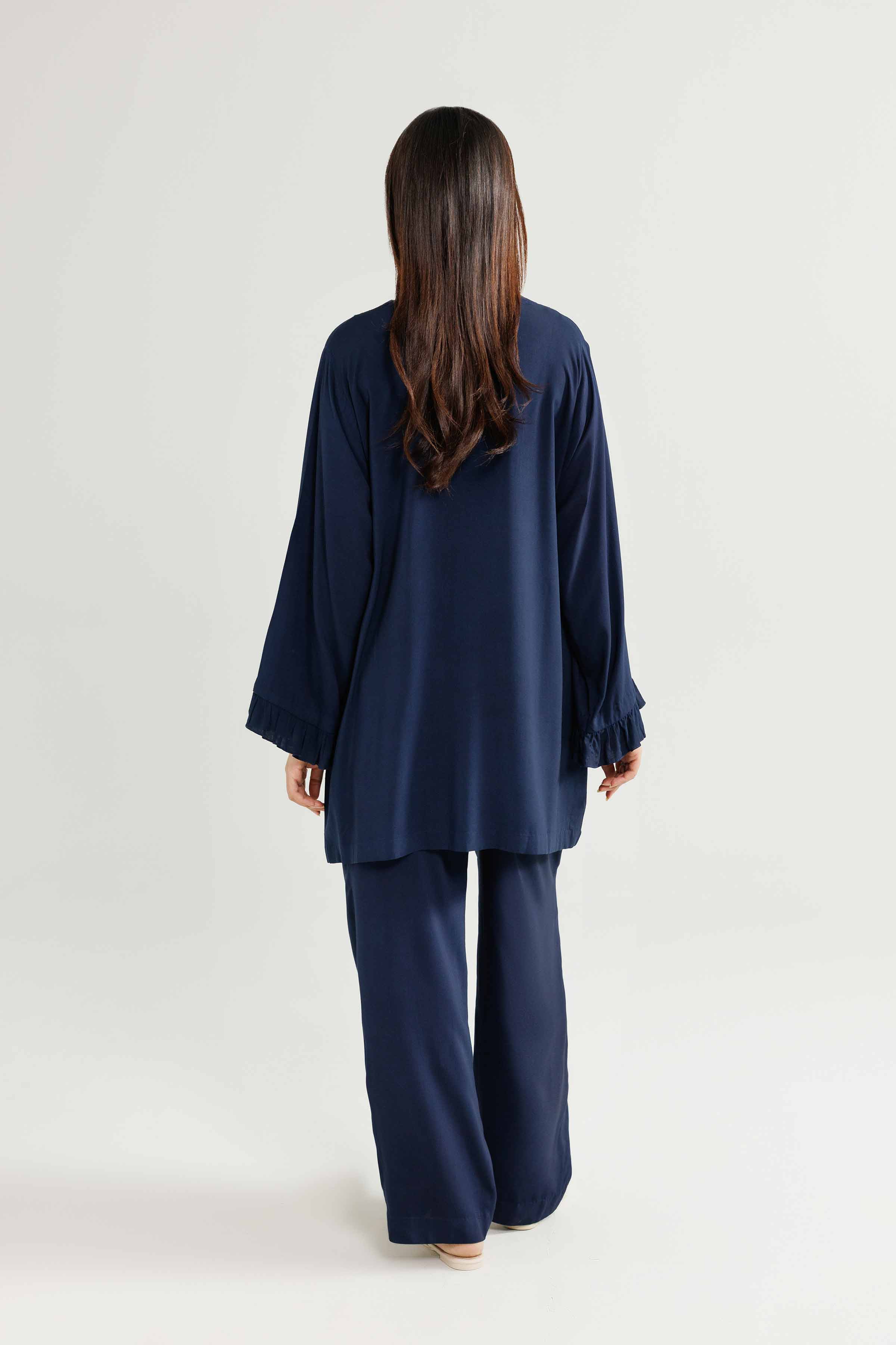 2 Piece - Embroidered Loungewear - KLW25-13 READY TO WEAR - LUXURY Blue Linen 2PC Embroidered