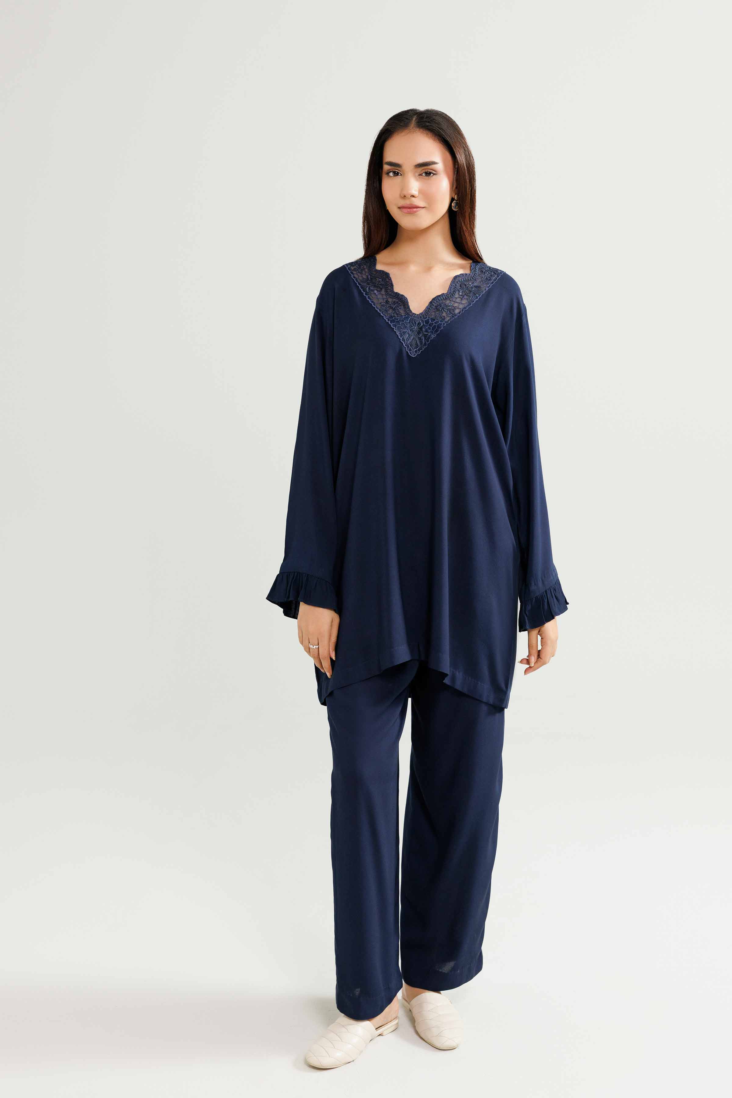 2 Piece - Embroidered Loungewear - KLW25-13 READY TO WEAR - LUXURY Blue Linen 2PC Embroidered