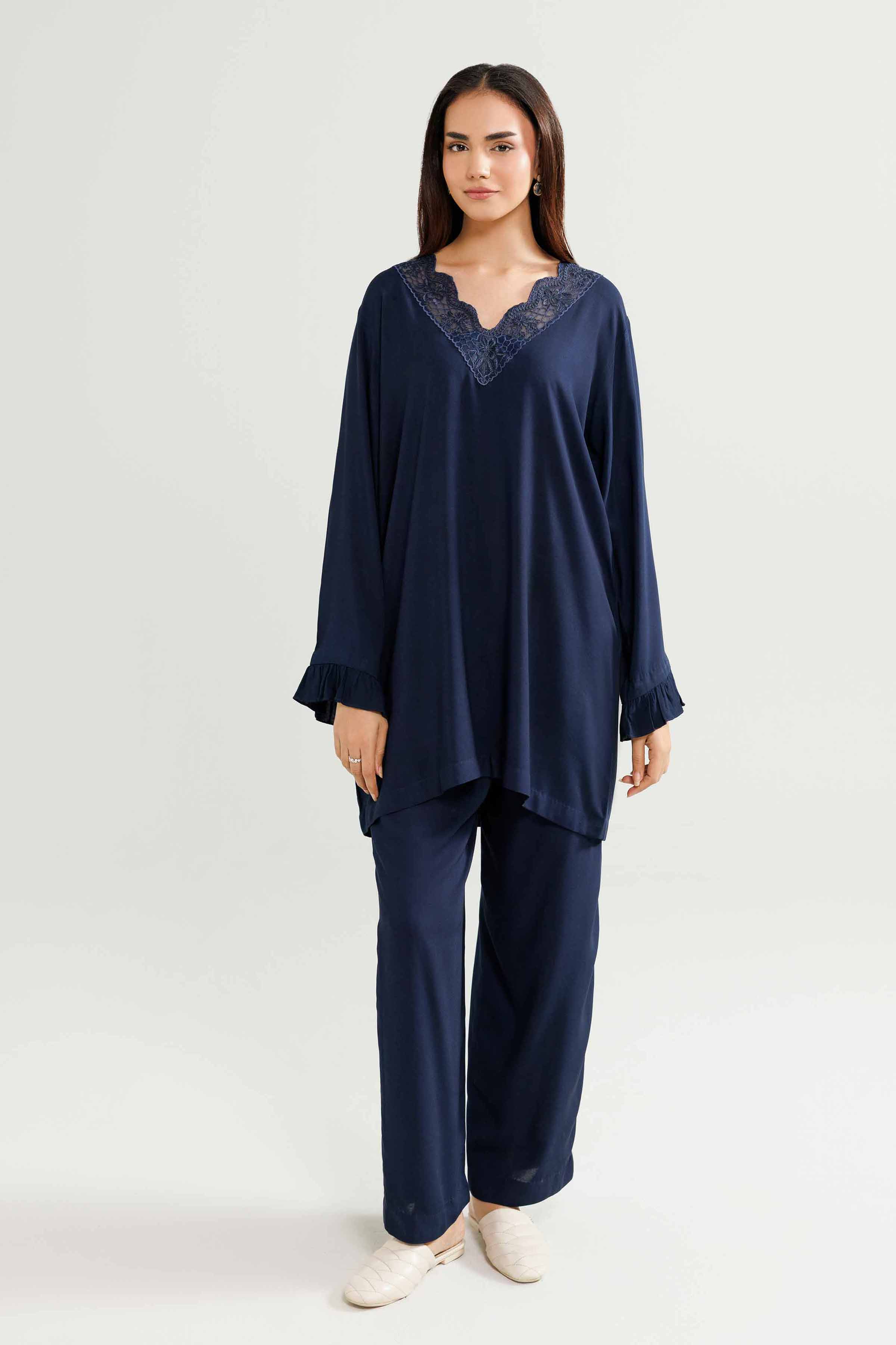 2 Piece - Embroidered Loungewear - KLW25-13 READY TO WEAR - LUXURY Blue Linen 2PC Embroidered