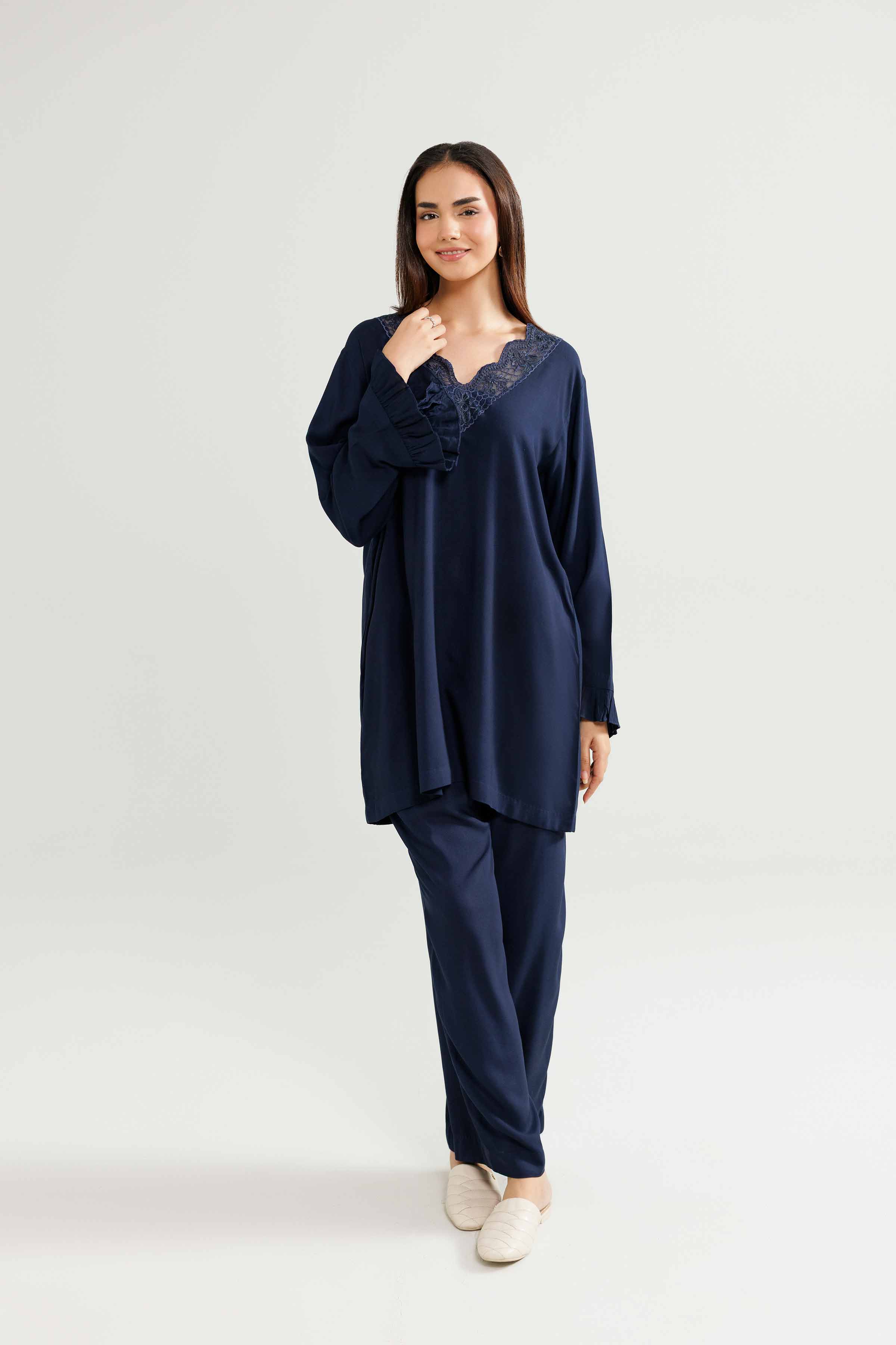 2 Piece - Embroidered Loungewear - KLW25-13 READY TO WEAR - LUXURY Blue Linen 2PC Embroidered