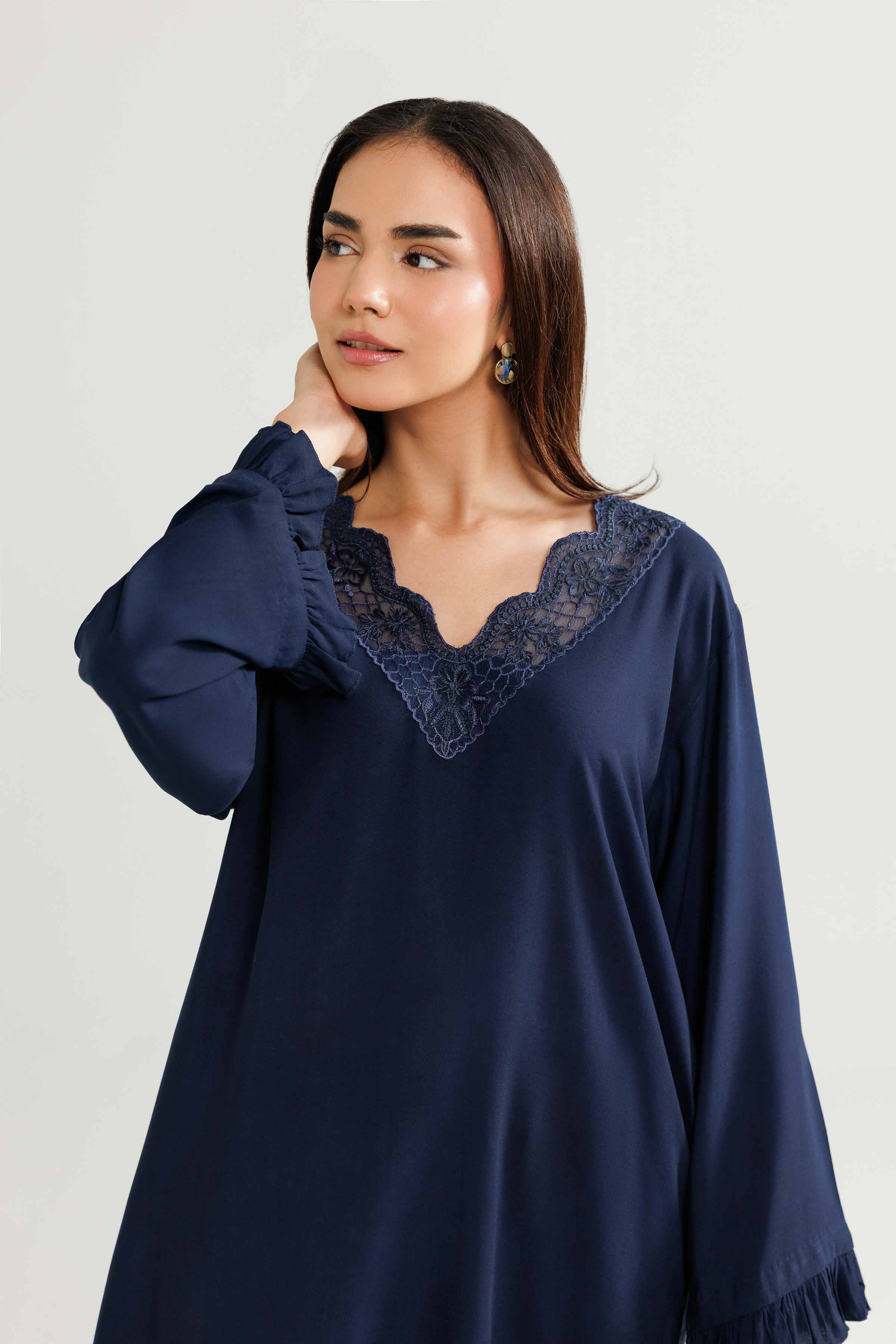 2 Piece - Embroidered Loungewear - KLW25-13 READY TO WEAR - LUXURY Blue Linen 2PC Embroidered