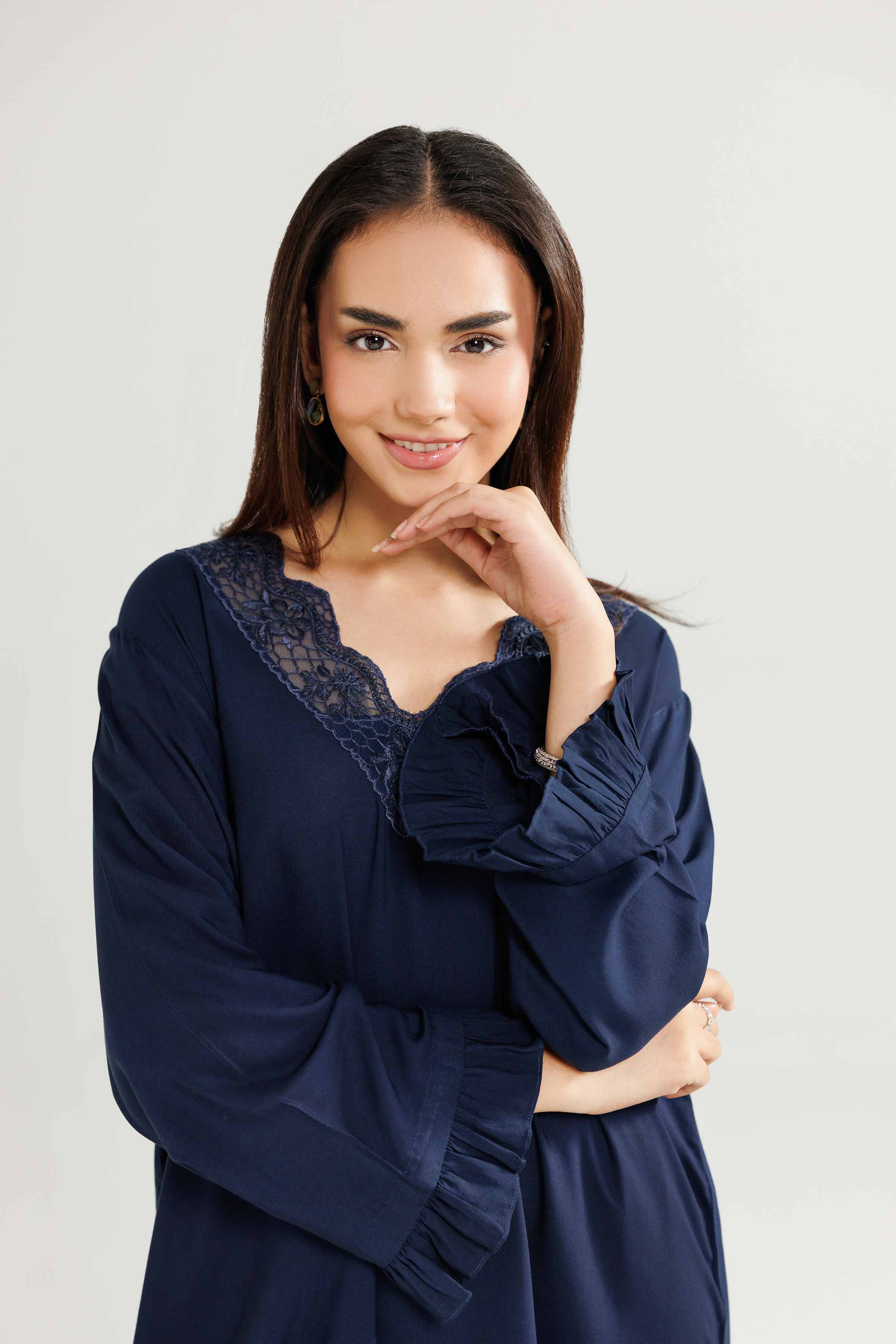 2 Piece - Embroidered Loungewear - KLW25-13 READY TO WEAR - LUXURY Blue Linen 2PC Embroidered