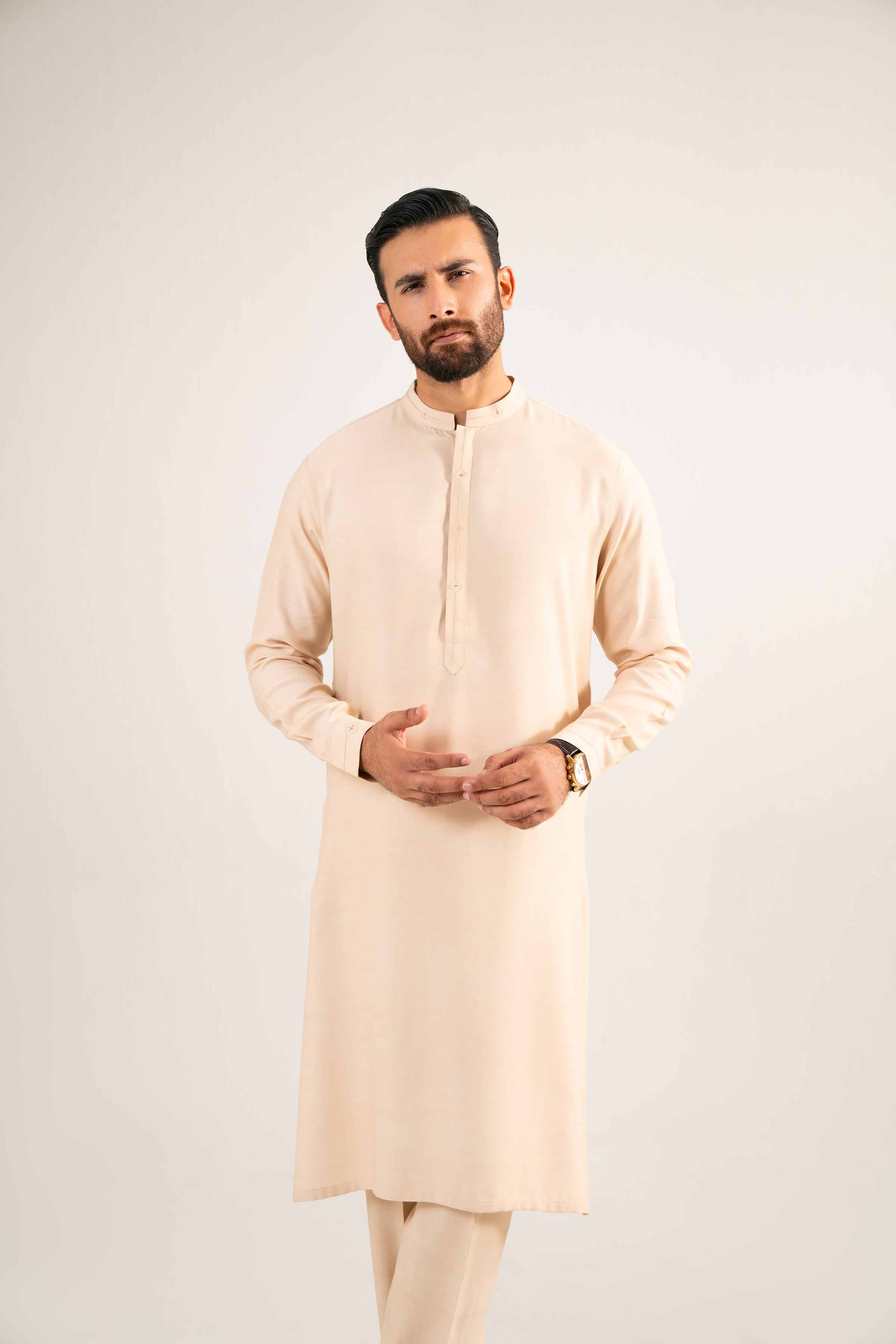 2 Piece - Basic Suit - KNW25-02 Ready To Wear Beige Oak Silk 2PC Non-Embroidered