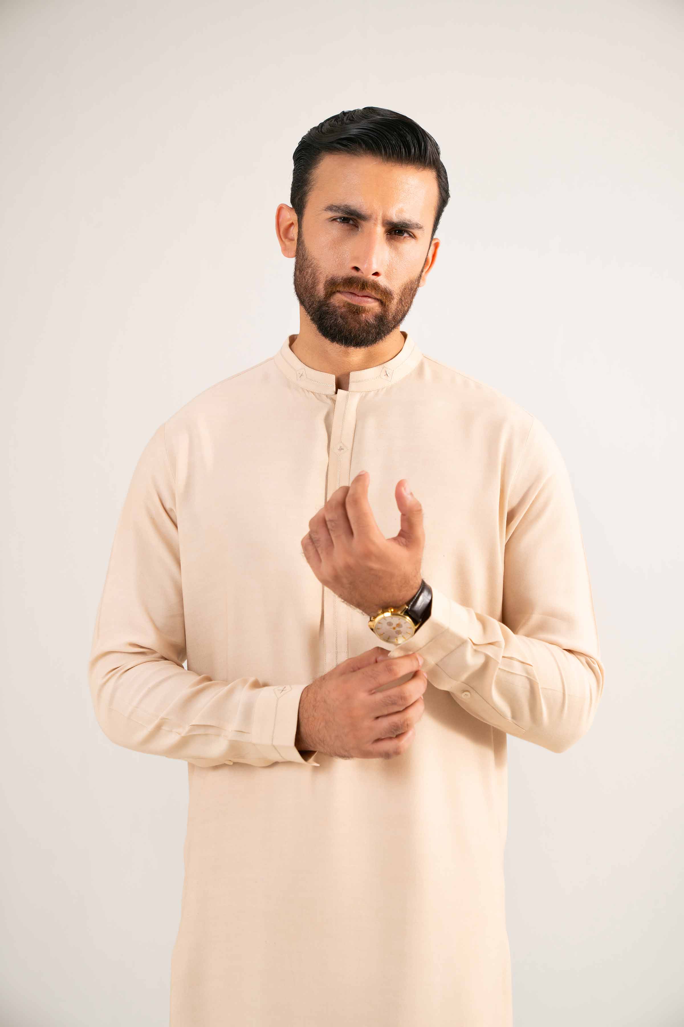 2 Piece - Basic Suit - KNW25-02 Ready To Wear Beige Oak Silk 2PC Non-Embroidered