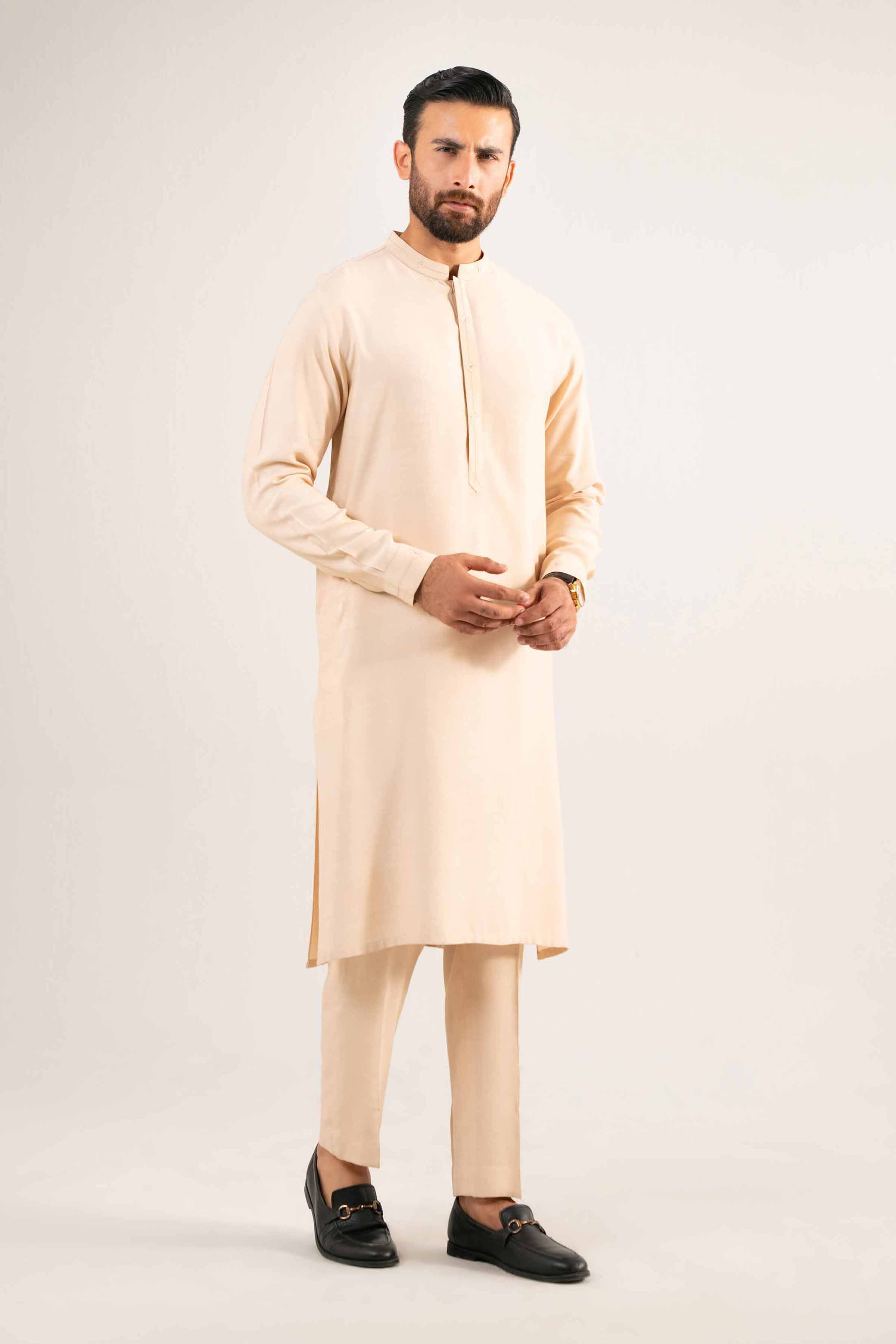 2 Piece - Basic Suit - KNW25-02 Ready To Wear Beige Oak Silk 2PC Non-Embroidered