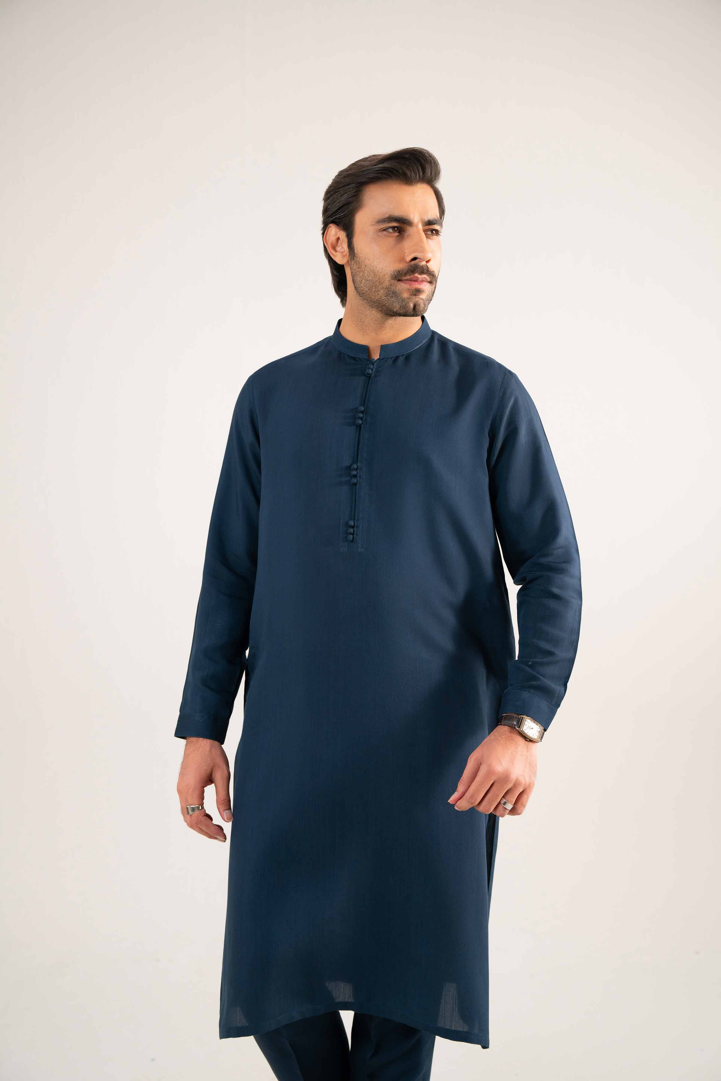 2 Piece - Basic Suit - KNW25-11 Ready To Wear Blue Viscose 2PC Solids