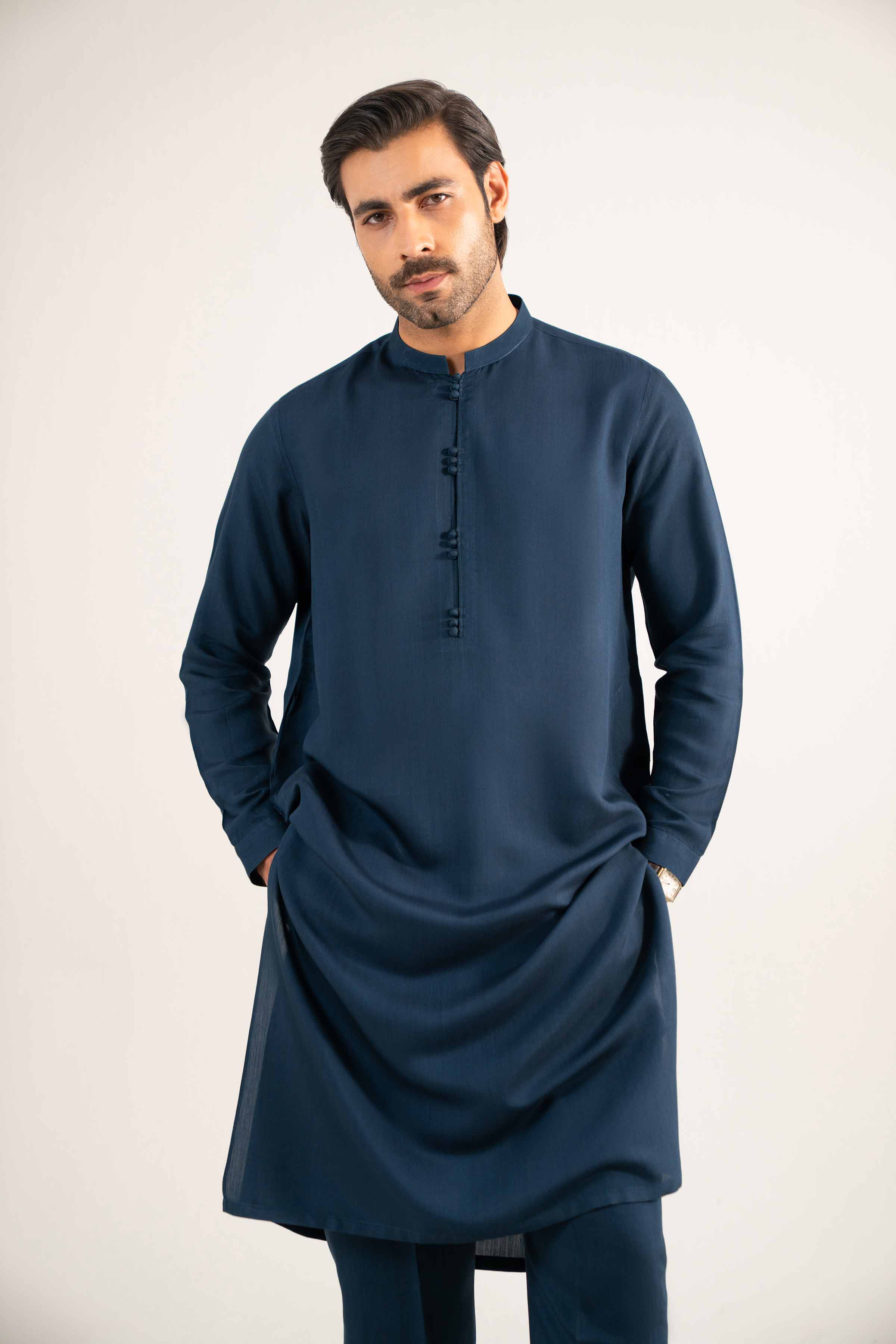 2 Piece - Basic Suit - KNW25-11 Ready To Wear Blue Viscose 2PC Solids