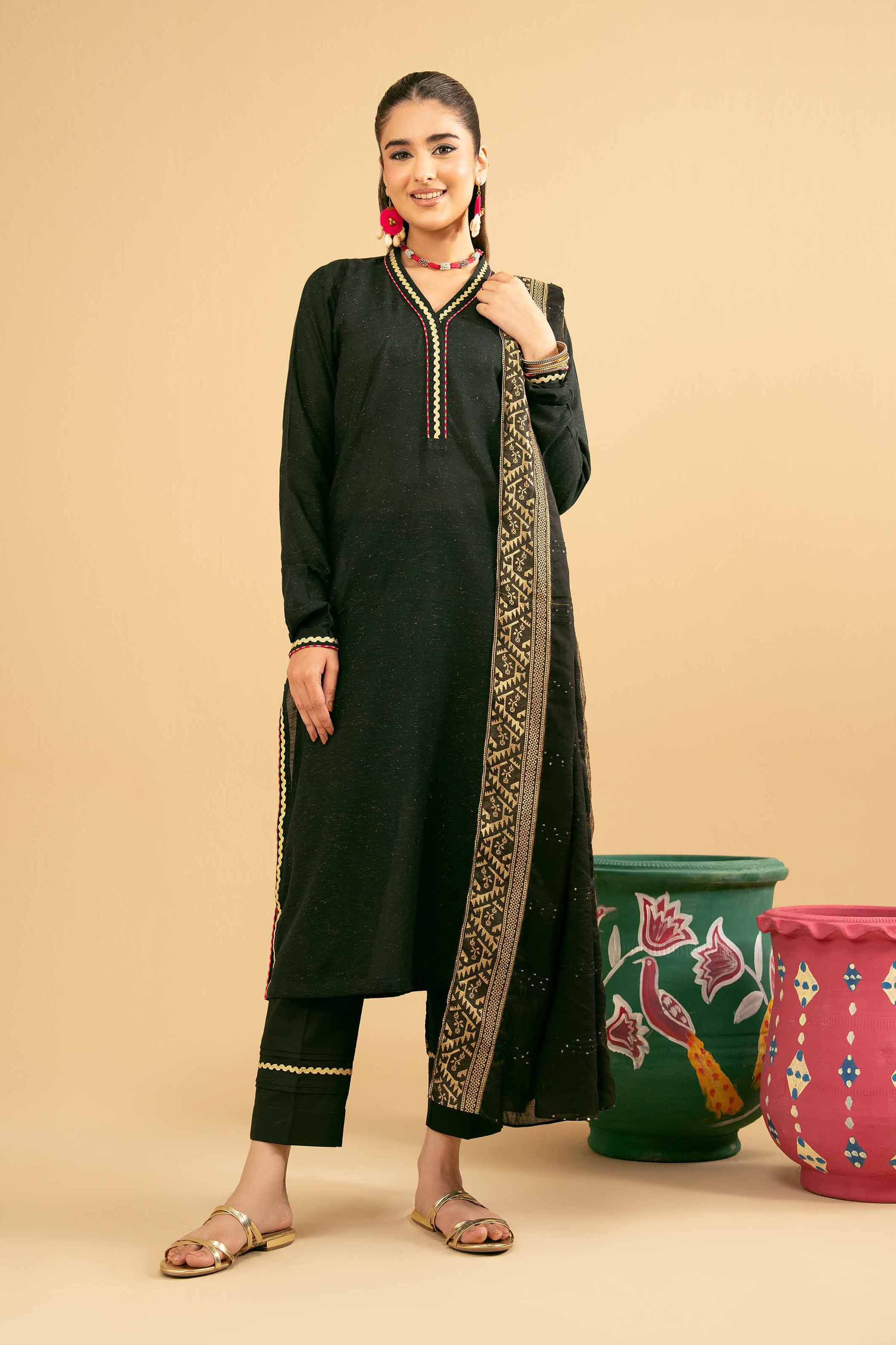 3 Piece - Basic Suit - PE25-186 READY TO WEAR Black Yarn Dyed 3 Pieces Solids