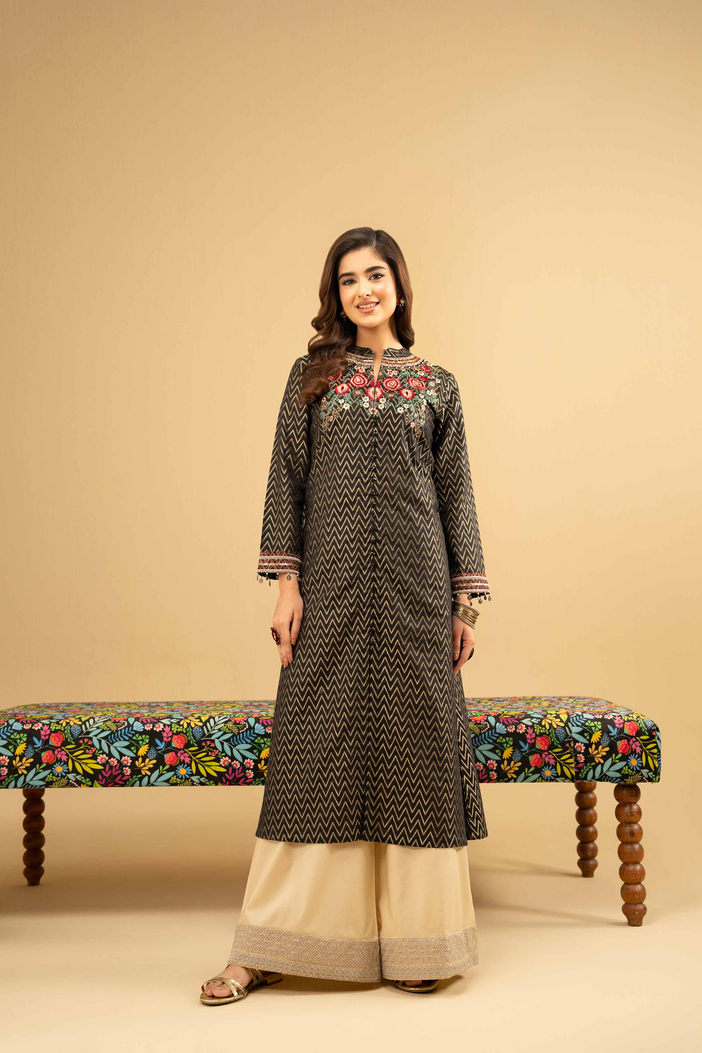 Embroidered Shirt - PE25-348 READY TO WEAR Black Jacquard 1PC Embroidered