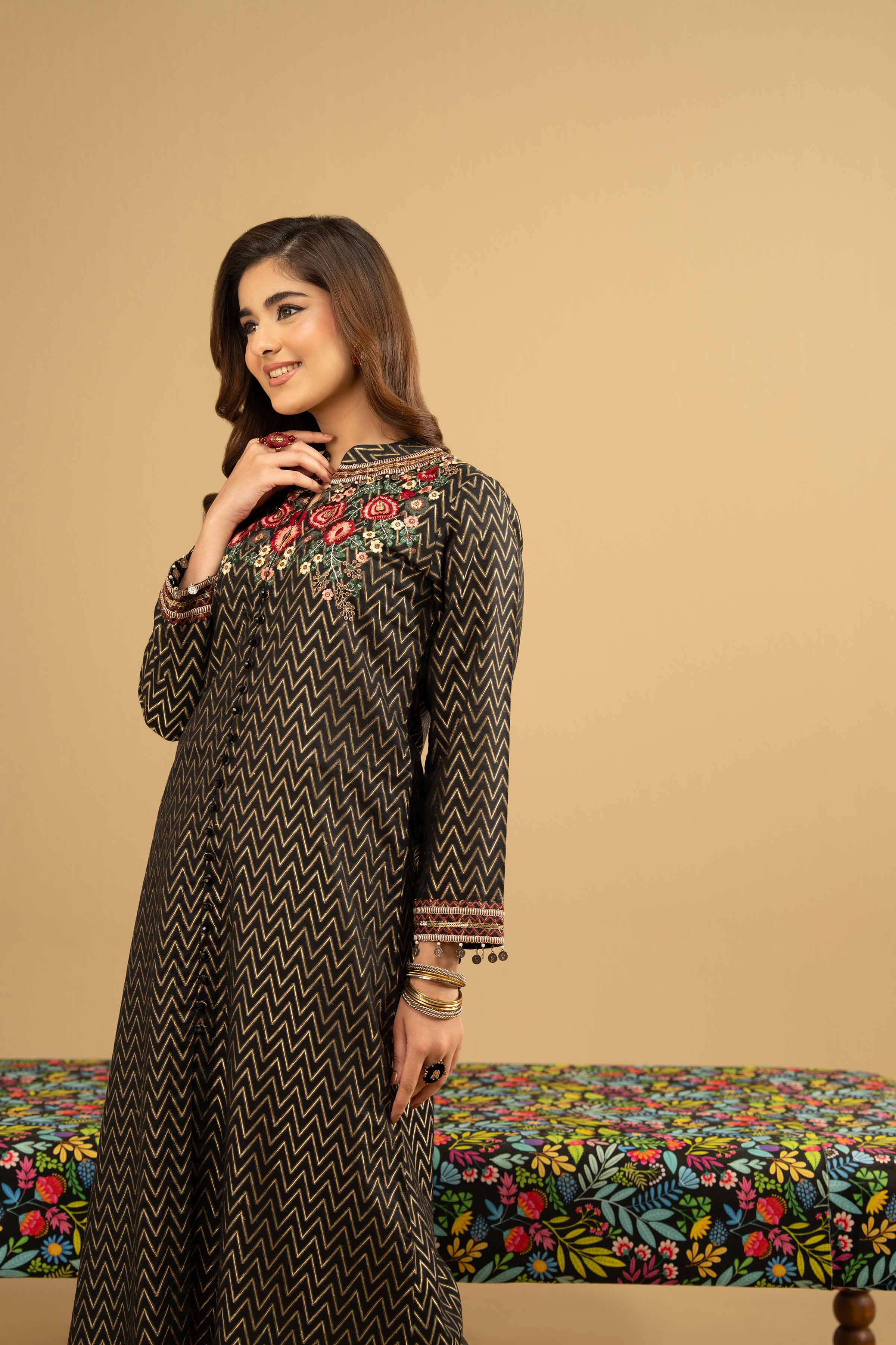 Embroidered Shirt - PE25-348 READY TO WEAR Black Jacquard 1PC Embroidered