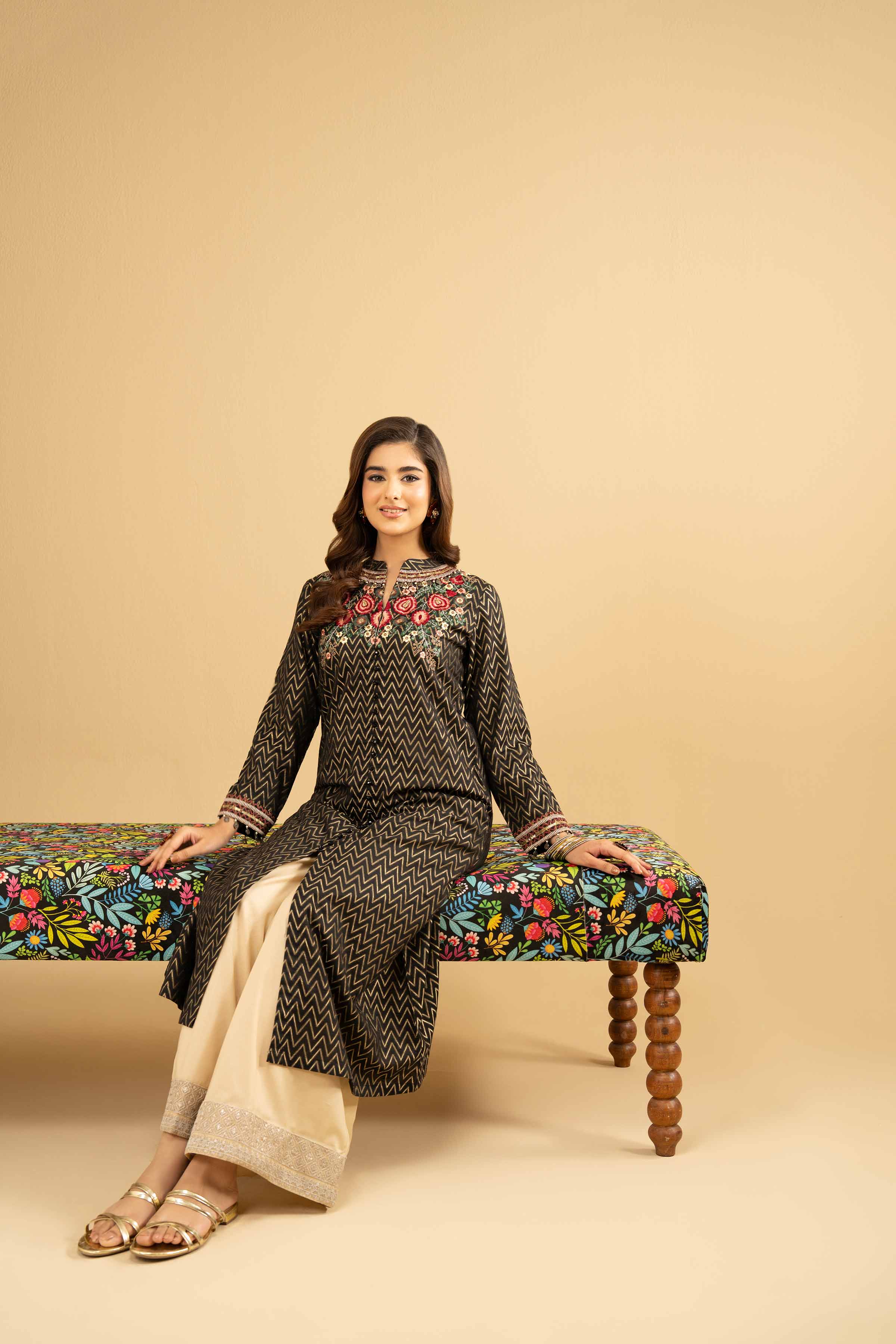 Embroidered Shirt - PE25-348 READY TO WEAR Black Jacquard 1PC Embroidered