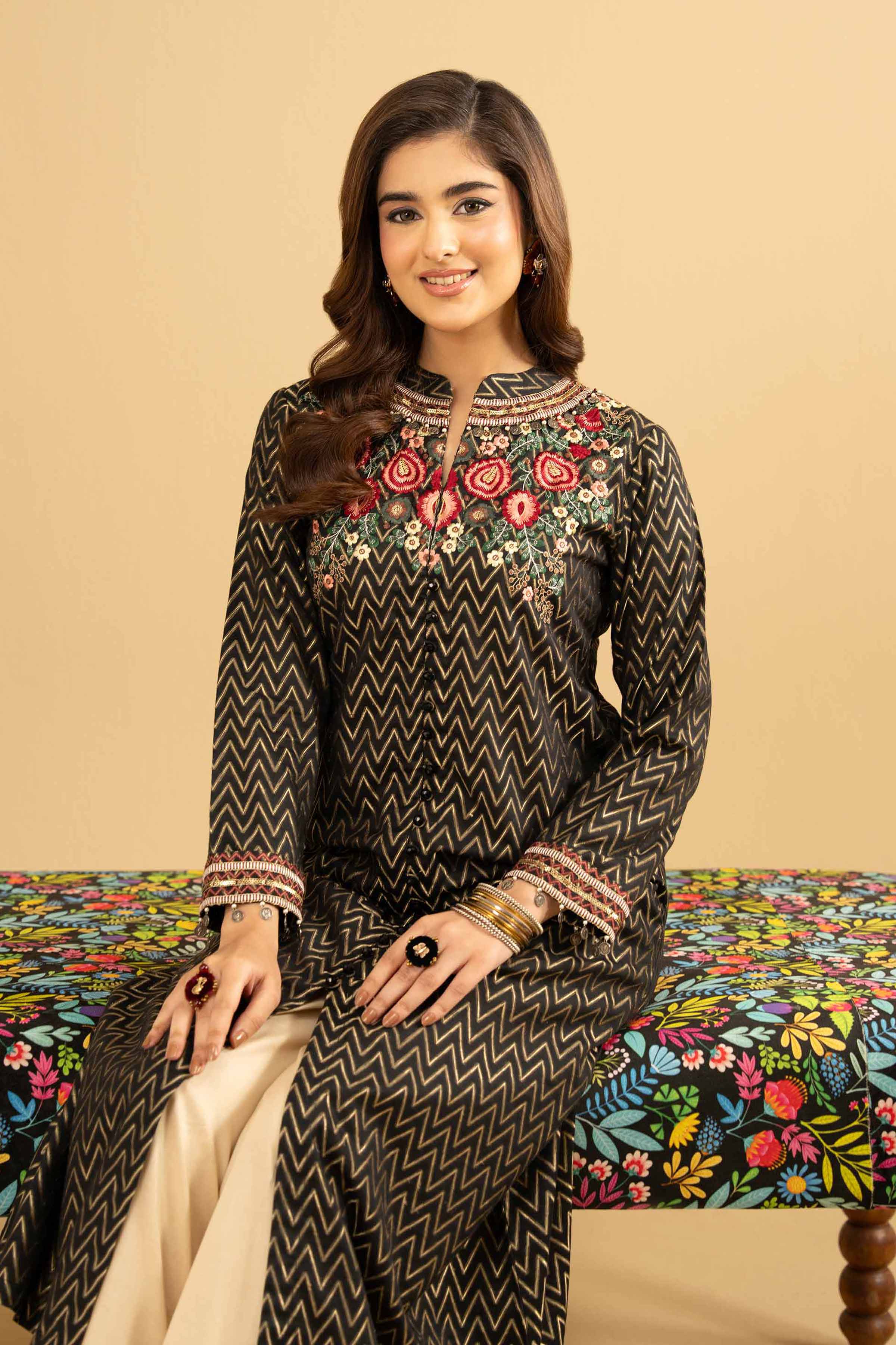 Embroidered Shirt - PE25-348 READY TO WEAR Black Jacquard 1PC Embroidered