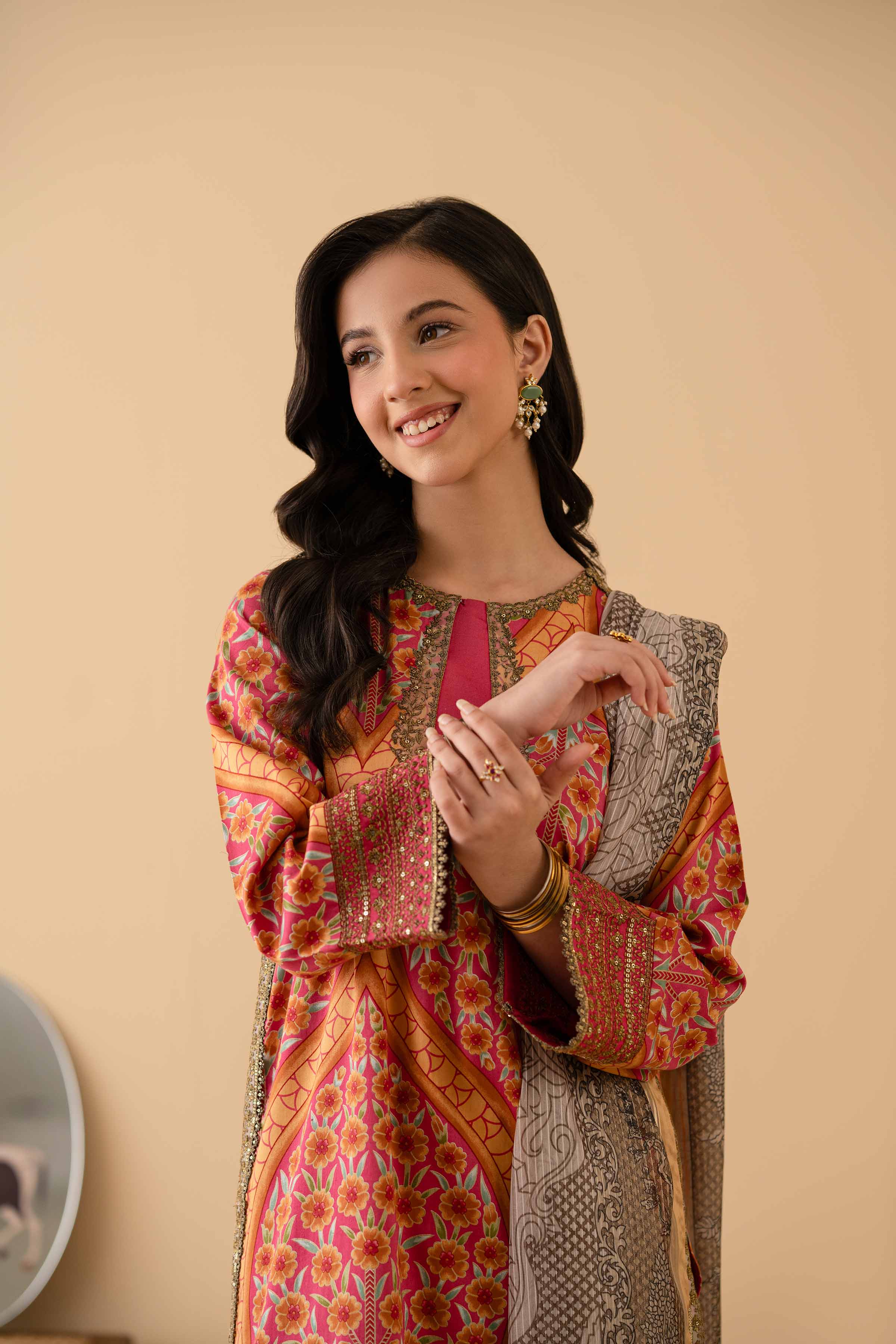 3 Piece - Printed Embroidered Suit - PE25-377 READY TO WEAR Multi Satin 3PC Embroidered