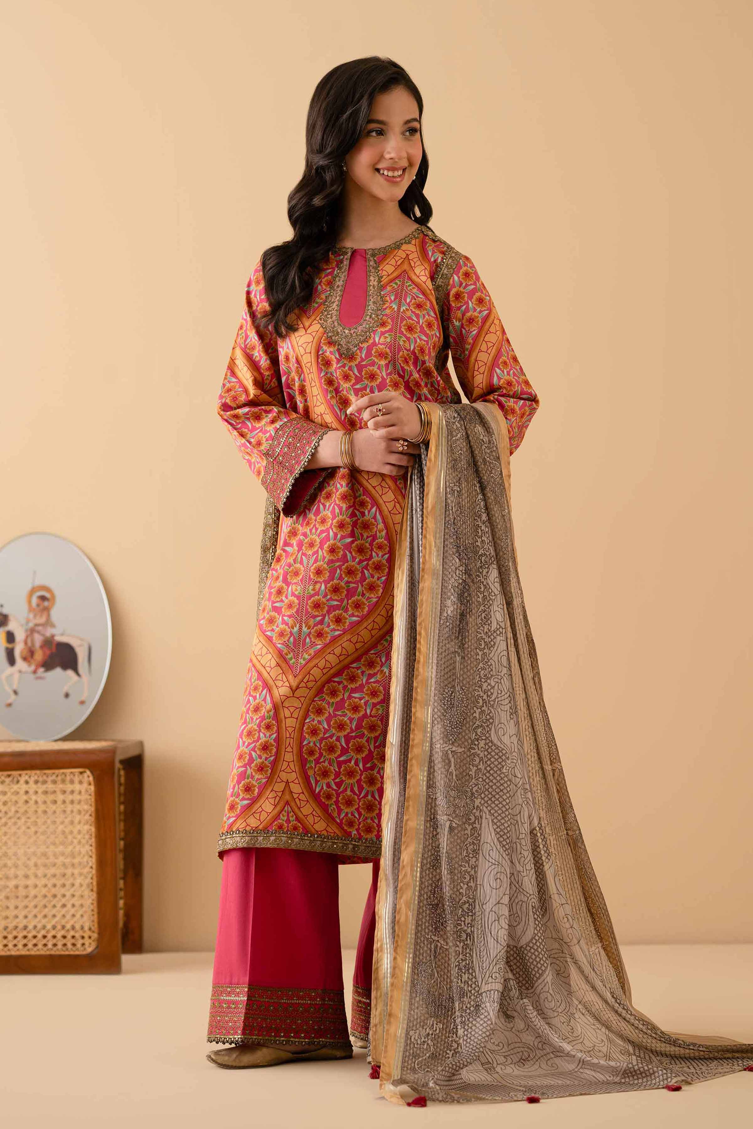 3 Piece - Printed Embroidered Suit - PE25-377 READY TO WEAR Multi Satin 3PC Embroidered