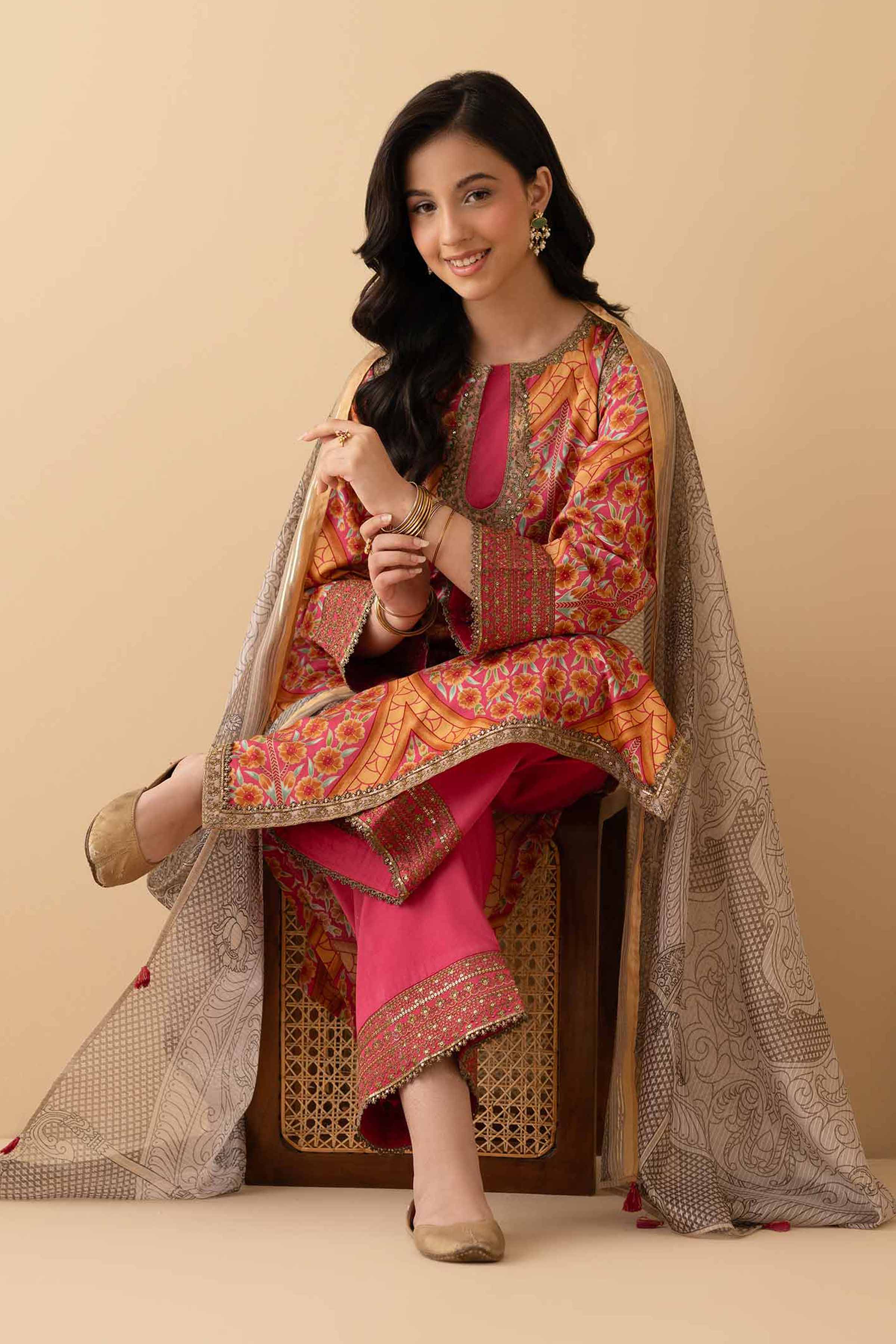3 Piece - Printed Embroidered Suit - PE25-377 READY TO WEAR Multi Satin 3PC Embroidered