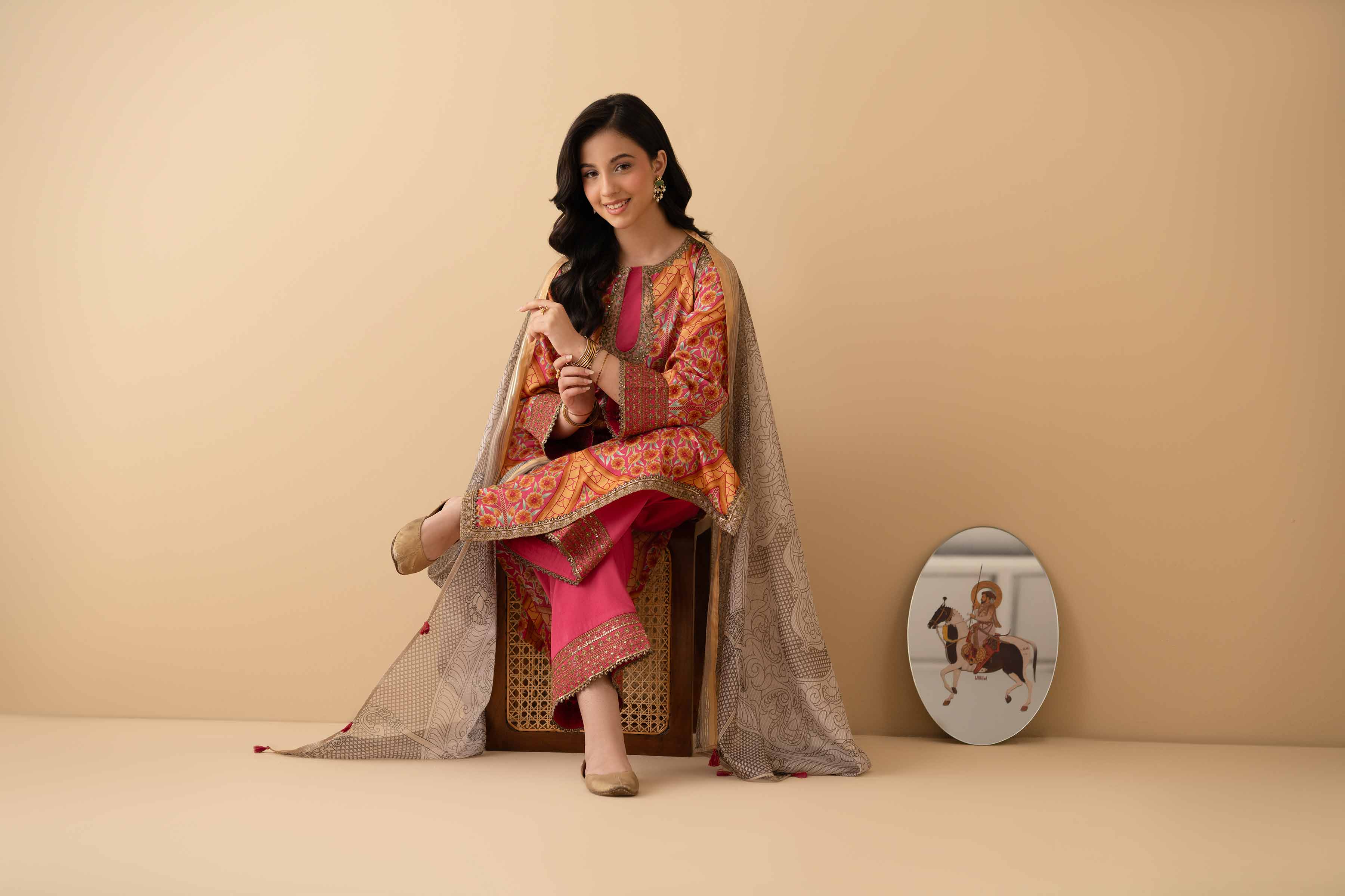 3 Piece - Printed Embroidered Suit - PE25-377 READY TO WEAR Multi Satin 3PC Embroidered
