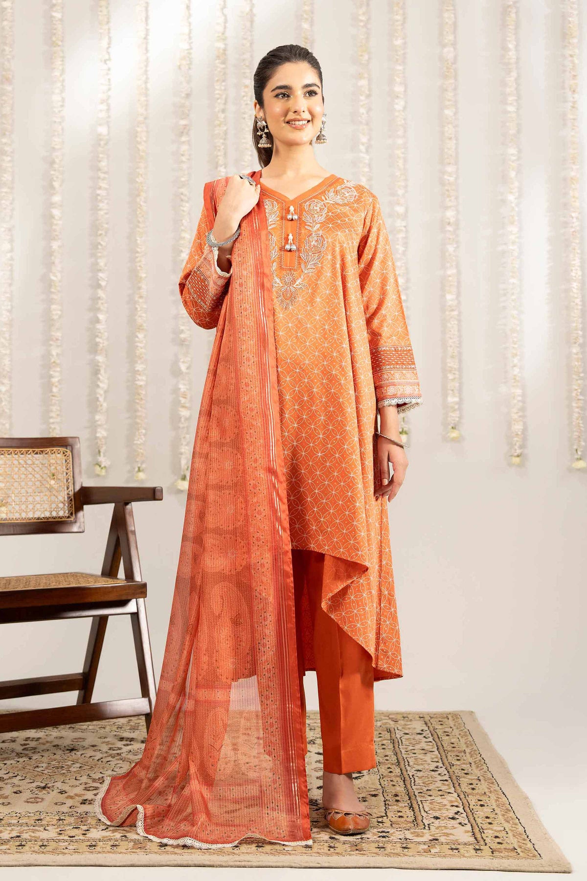 3 Piece - Printed Embroidered Suit - PE25-378 Orange Satin 3PC Embroidered Nishat Australia