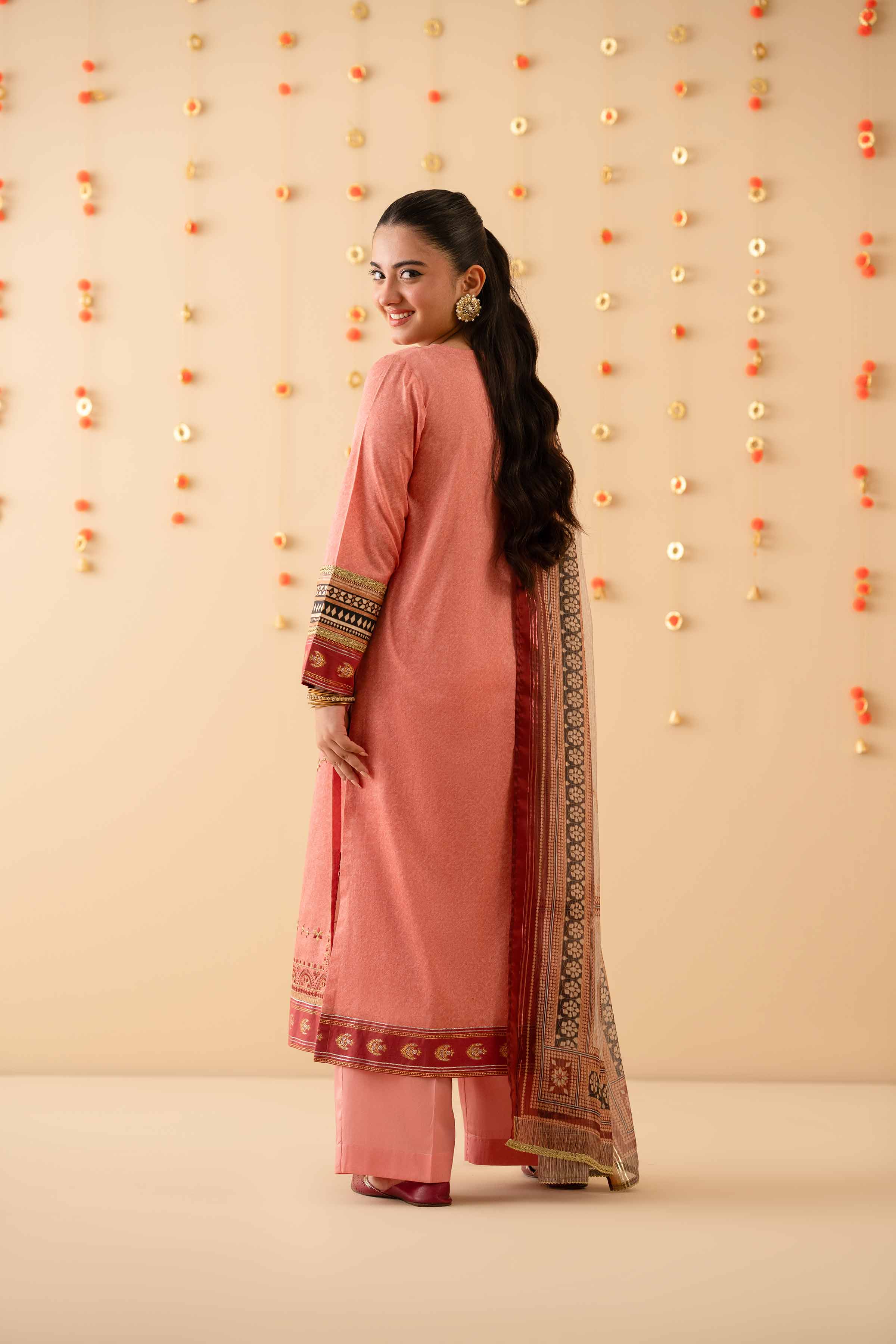 3 Piece - Printed Embroidered Suit - PE25-452 READY TO WEAR Pink Satin 3PC Embroidered