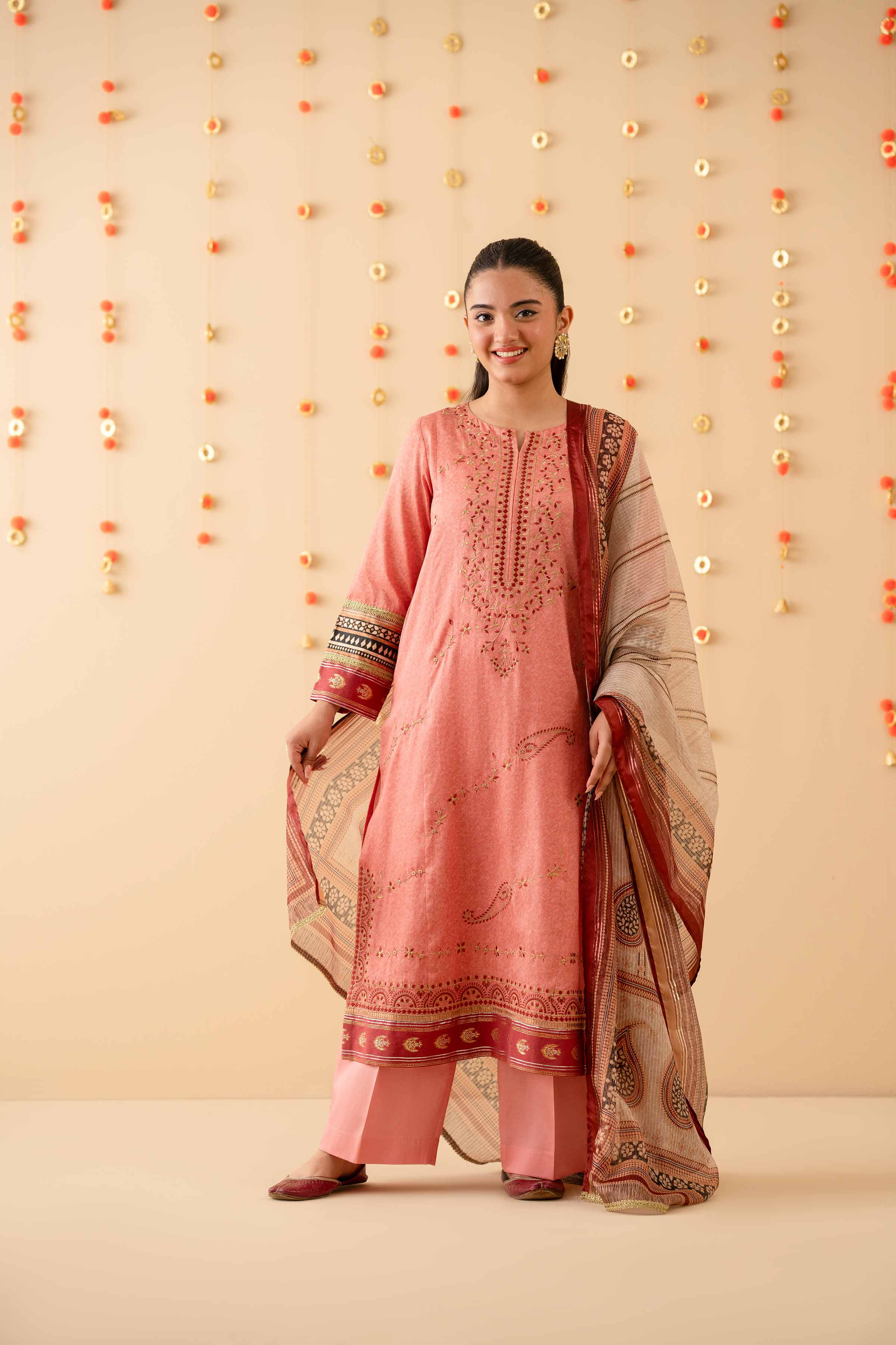 3 Piece - Printed Embroidered Suit - PE25-452 READY TO WEAR Pink Satin 3PC Embroidered
