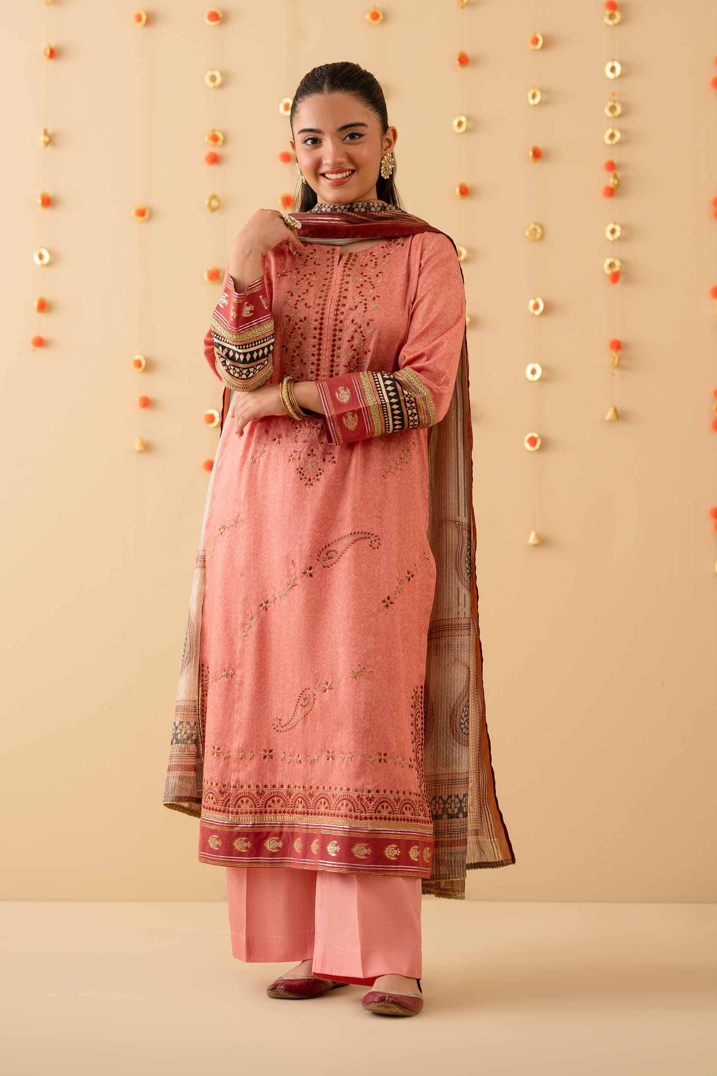 3 Piece - Printed Embroidered Suit - PE25-452 READY TO WEAR Pink Satin 3PC Embroidered