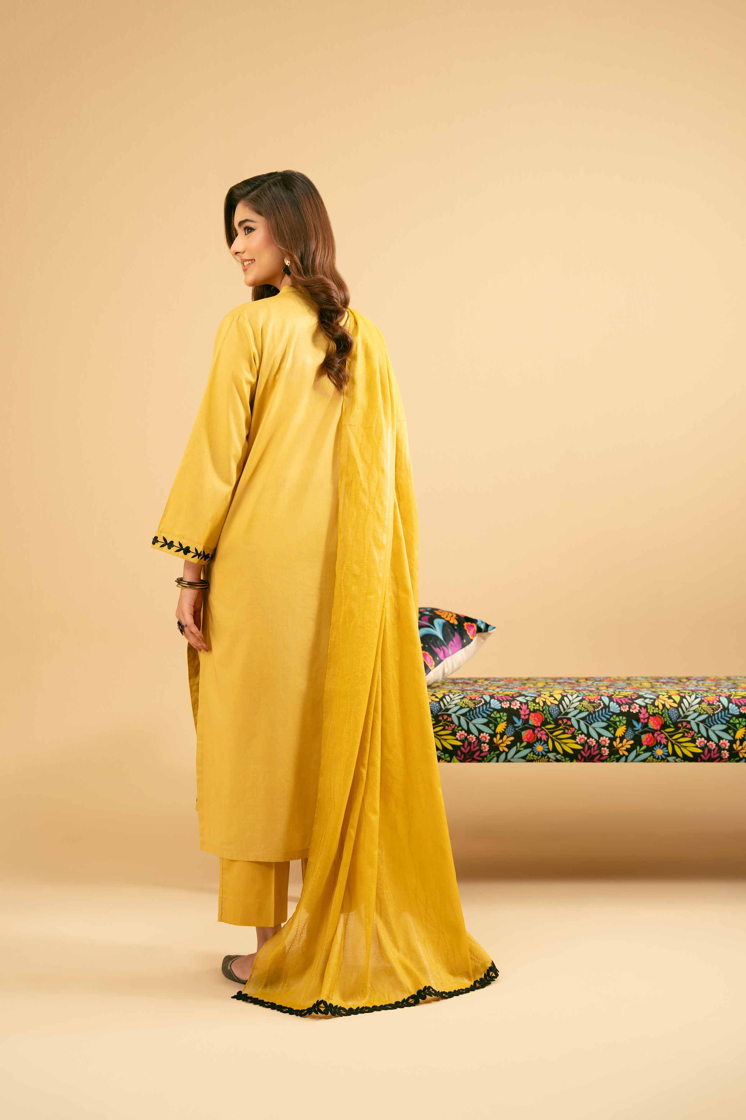 3 Piece - Embroidered Suit - PE25-455 READY TO WEAR Yellow Cambric 3PC Embroidered