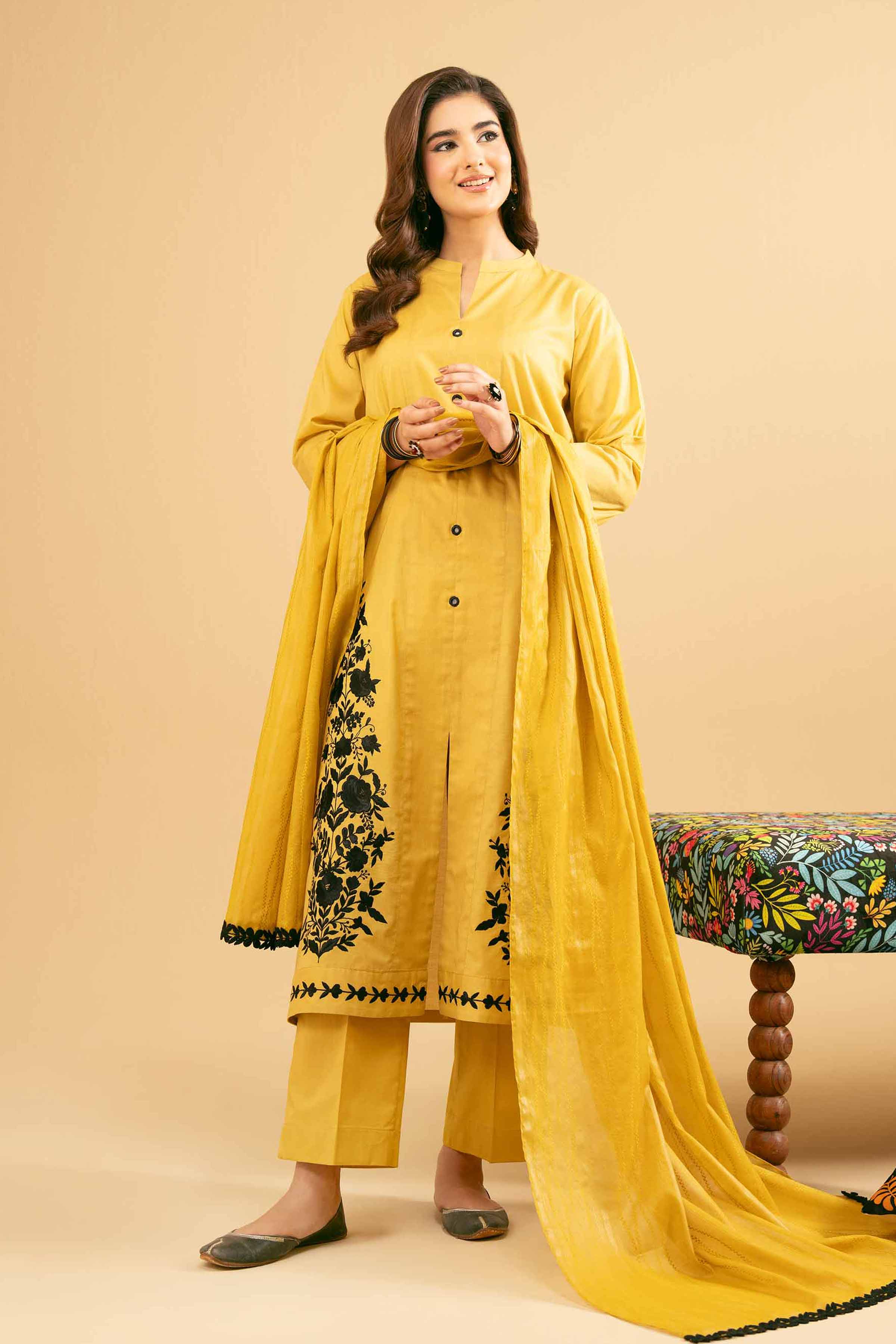 3 Piece - Embroidered Suit - PE25-455 READY TO WEAR Yellow Cambric 3PC Embroidered